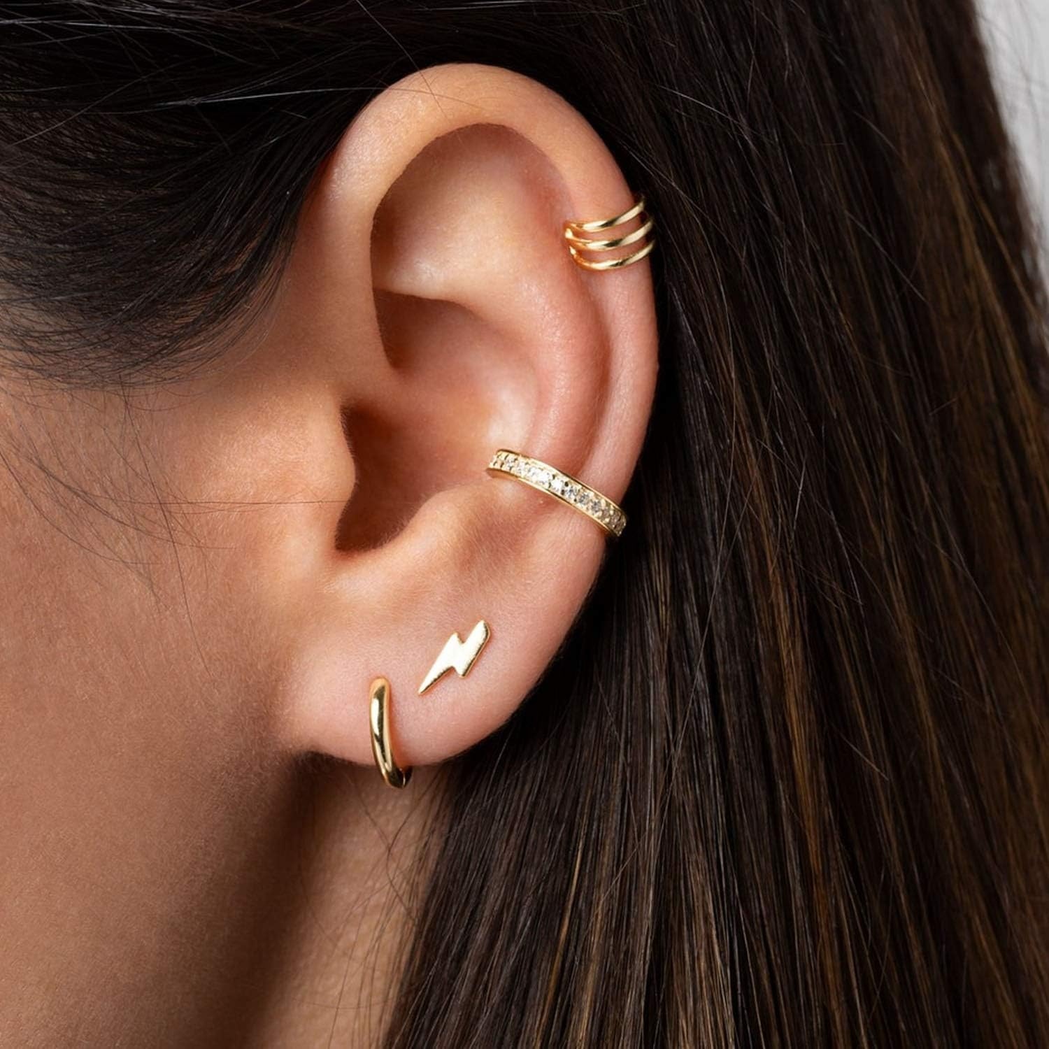 image:imageMEVECCO Gold Ear Cuff Earring 18K Gold Plated Non Pierced Ear Cartilage Clip on Wrap Hoop Tiny Chunky Blod Thick Simple Minimalist Handmade Delicate Hypoallergenic Ear Cuff Fake Earrings Women GiftThree Bars