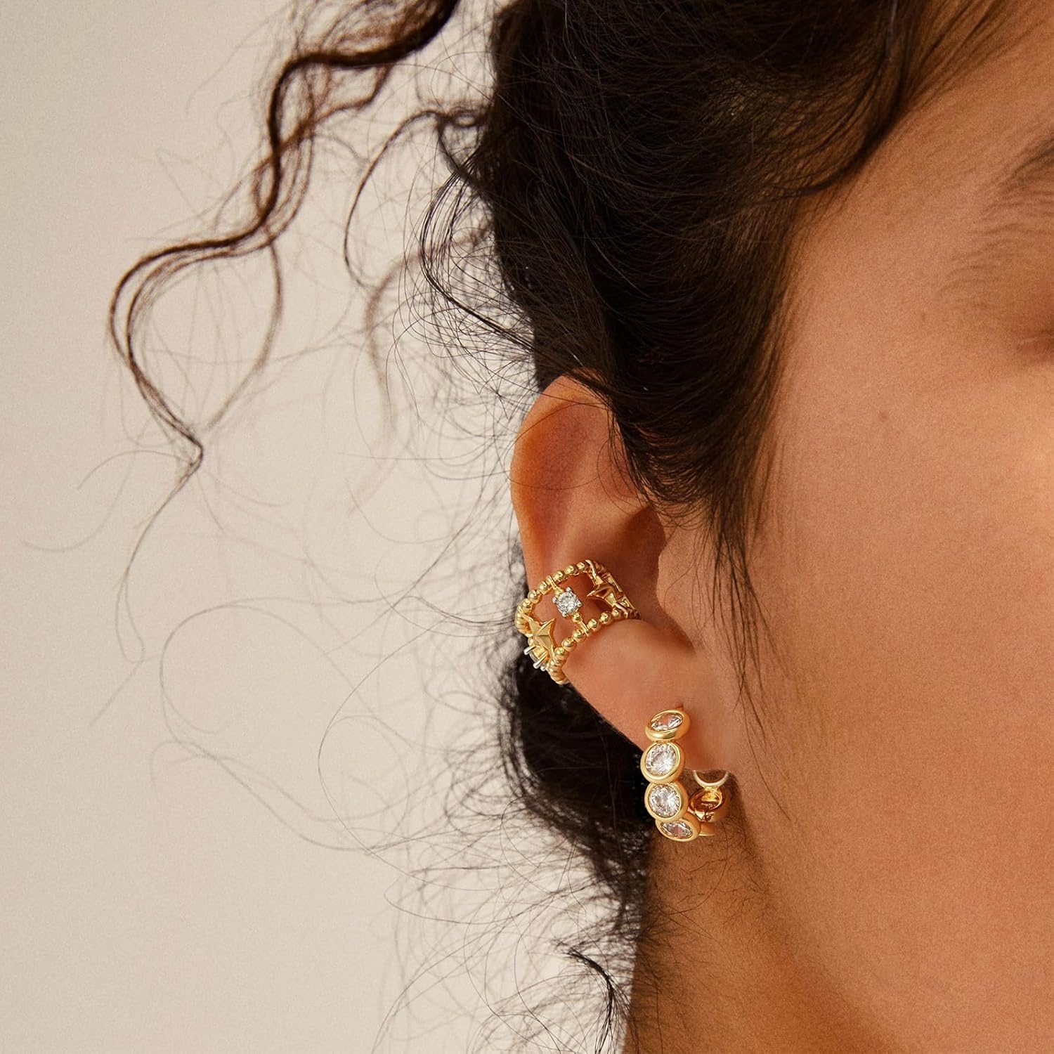 image:imageMEVECCO Gold Ear Cuff Earring 18K Gold Plated Non Pierced Ear Cartilage Clip on Wrap Hoop Tiny Chunky Blod Thick Simple Minimalist Handmade Delicate Hypoallergenic Ear Cuff Fake Earrings Women GiftCZ Star