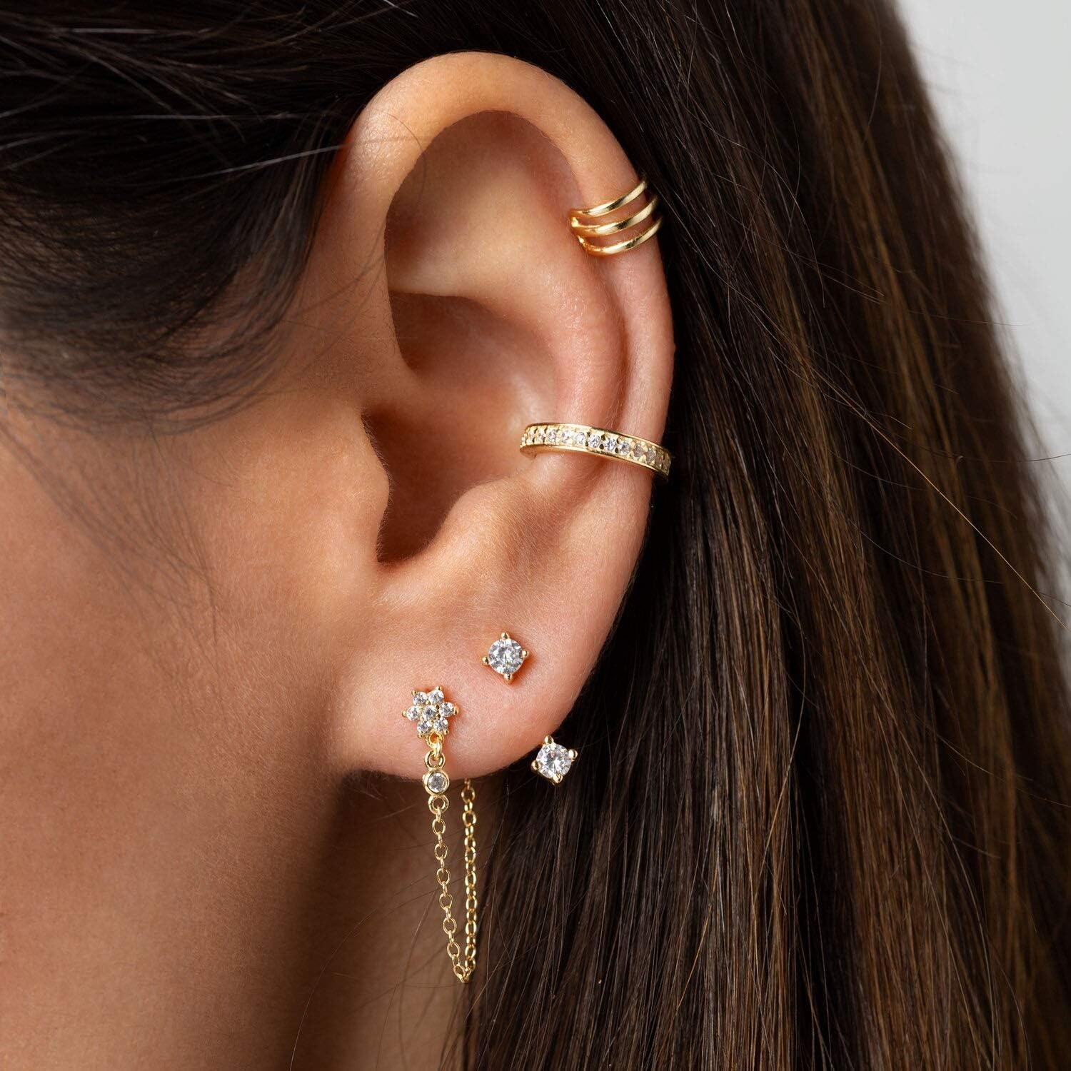 image:imageMEVECCO Gold Ear Cuff Earring 18K Gold Plated Non Pierced Ear Cartilage Clip on Wrap Hoop Tiny Chunky Blod Thick Simple Minimalist Handmade Delicate Hypoallergenic Ear Cuff Fake Earrings Women GiftThree Bars