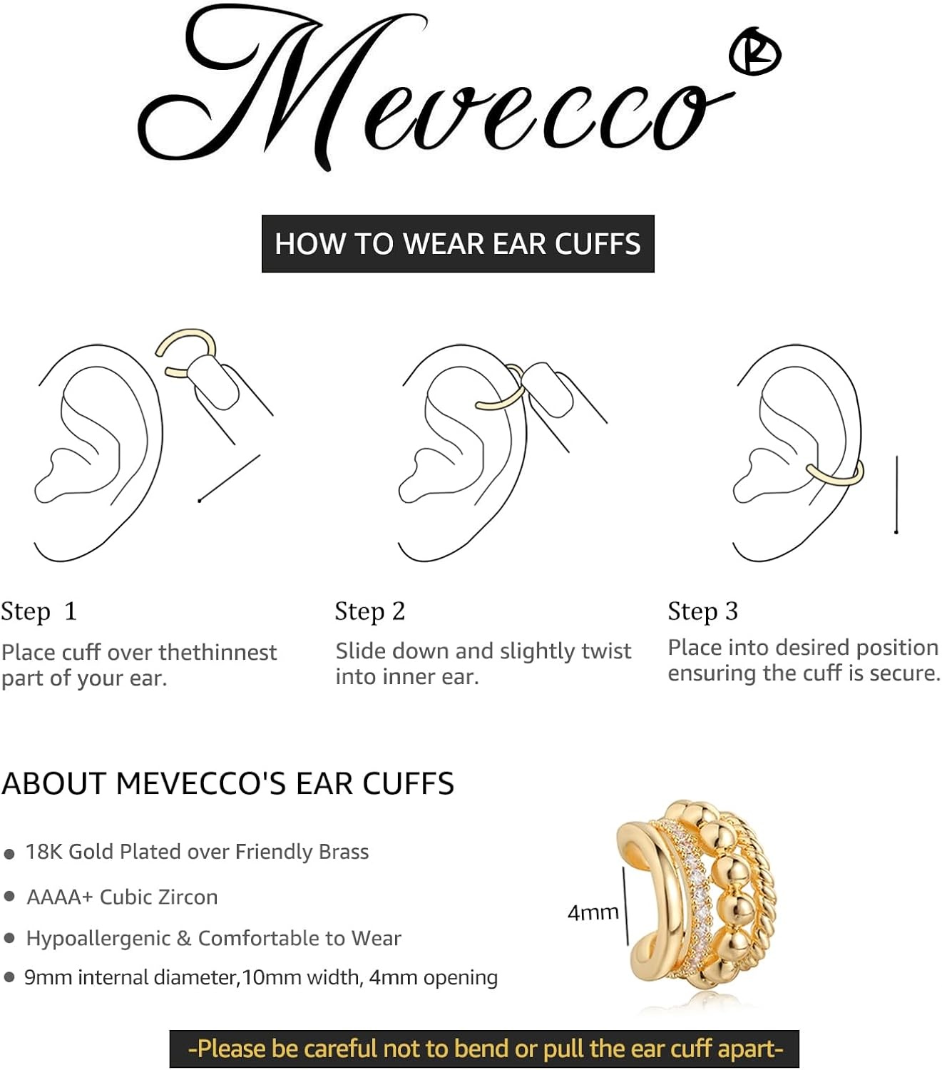 image:imageMEVECCO Gold Ear Cuffs 18K Gold Plated Ear Cuff Non Pierced Ears Small Sleeper Simple Minimalist Delicate CZ Beaded Wide Ear Cuffs Clip On Earrings for Women