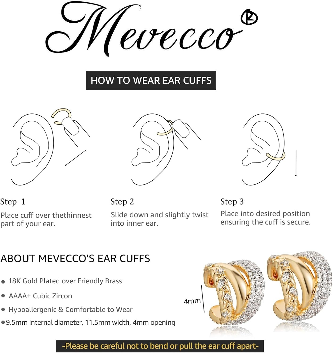 image:imageMEVECCO Gold Ear Cuffs 18K Gold Plated Ear Cuff Non Pierced Ears Small Sleeper Simple Minimalist Delicate CZ Ear Cuffs Clip On Two Color Earrings for Women