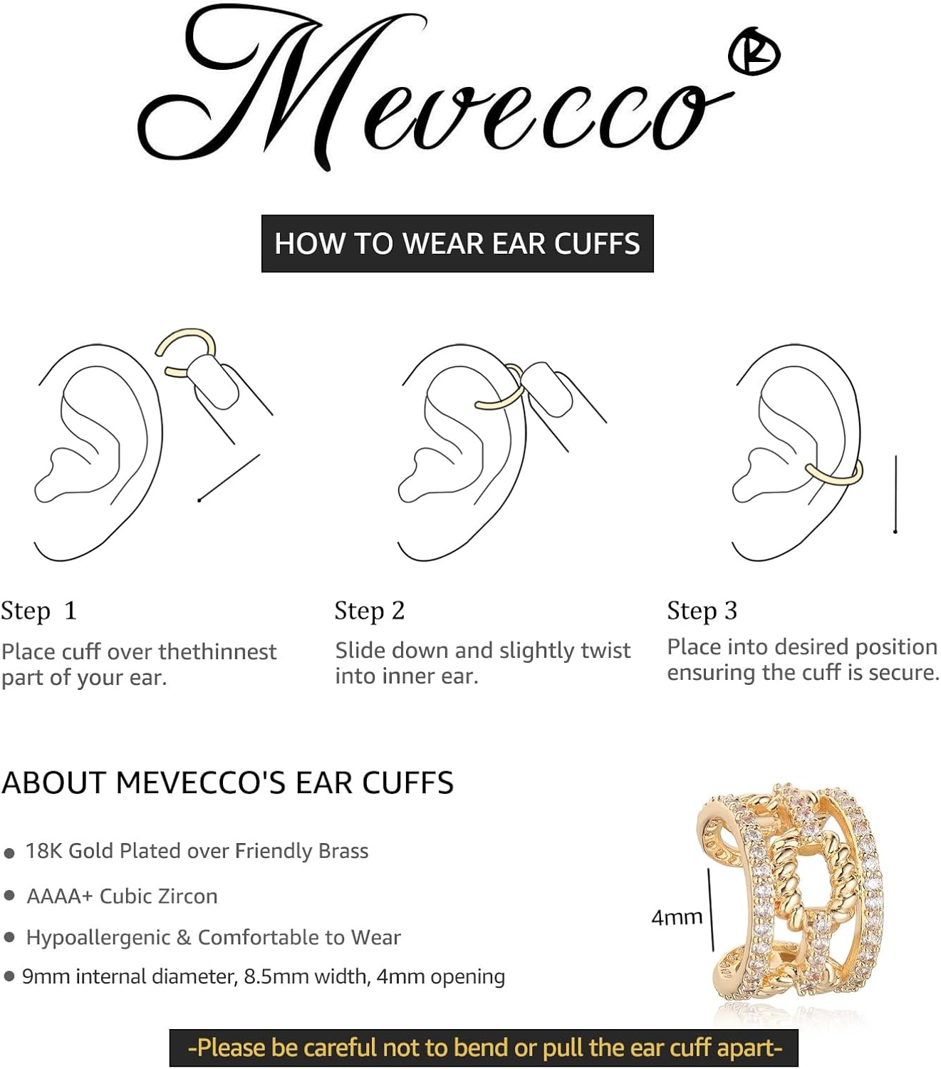 image:imageMEVECCO Gold Ear Cuffs 18K Gold Plated Ear Cuff Non Pierced Ears Small Sleeper Simple Minimalist Delicate CZ Link Wide Ear Cuffs Clip On Earrings for Women