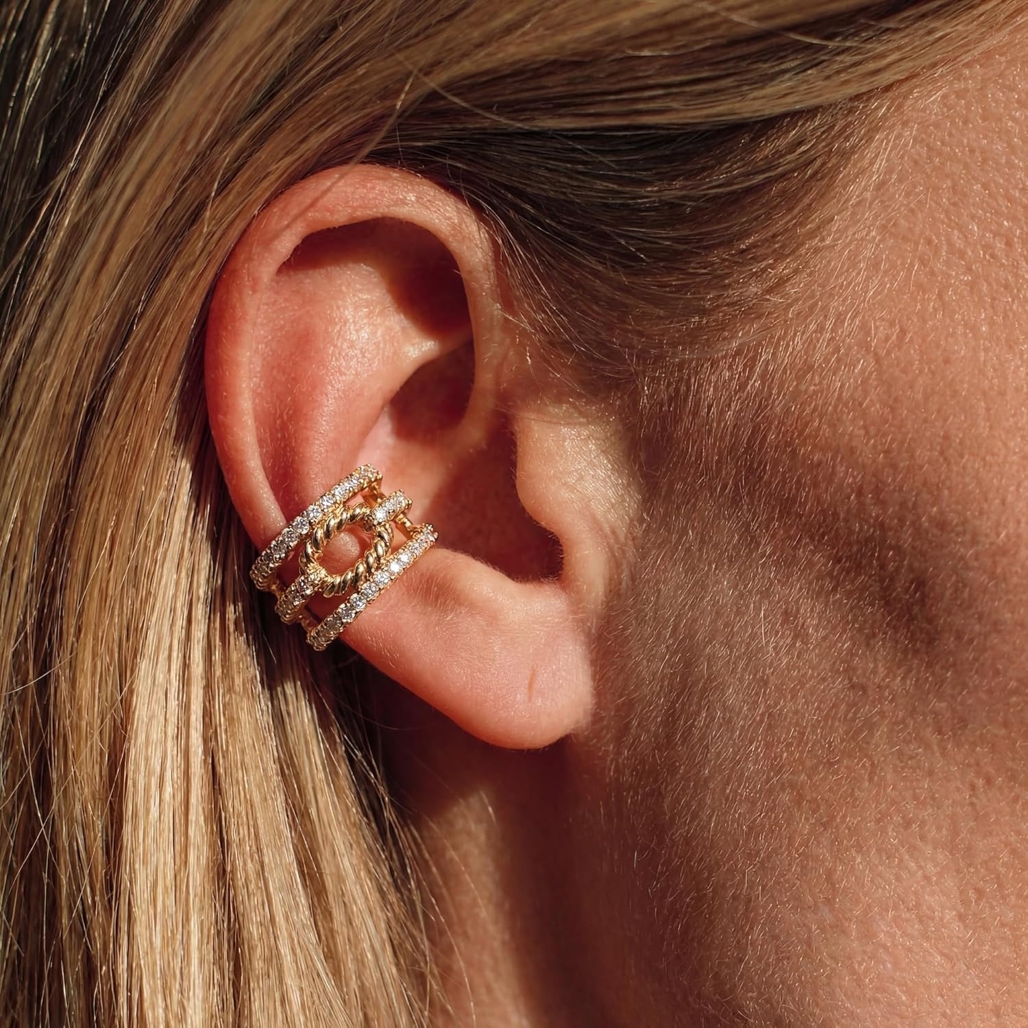 image:imageMEVECCO Gold Ear Cuffs 18K Gold Plated Ear Cuff Non Pierced Ears Small Sleeper Simple Minimalist Delicate CZ Link Wide Ear Cuffs Clip On Earrings for Women