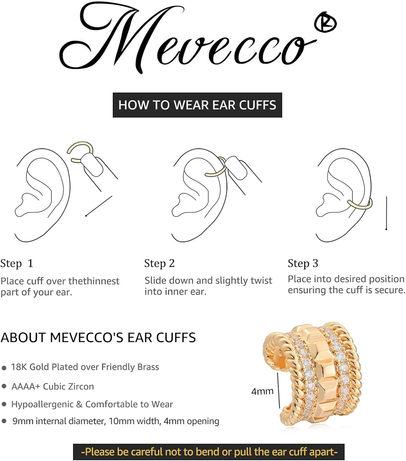 image:imageMEVECCO Gold Ear Cuffs 18K Gold Plated Ear Cuff Non Pierced Ears Small Sleeper Simple Minimalist Delicate CZ Twist Wide Ear Cuffs Clip On Earrings for Women