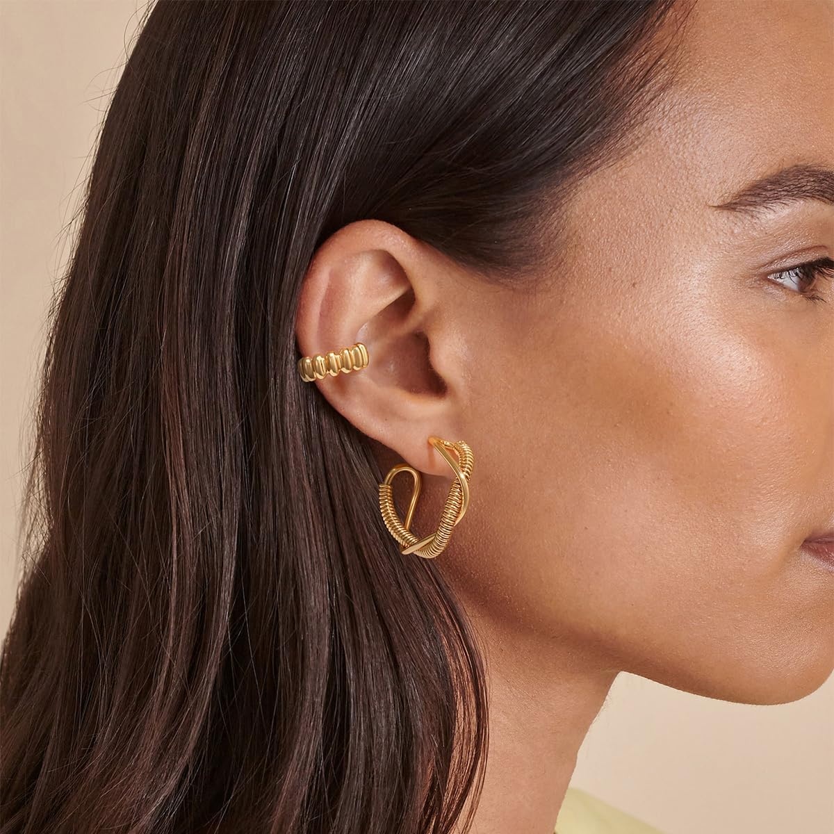 image:imageMEVECCO Gold Hoop Earring Sterling Silver Post Chunky Open Hoops 18K Gold Plated Simple Handmade Earrings Jewelry for HerScrew