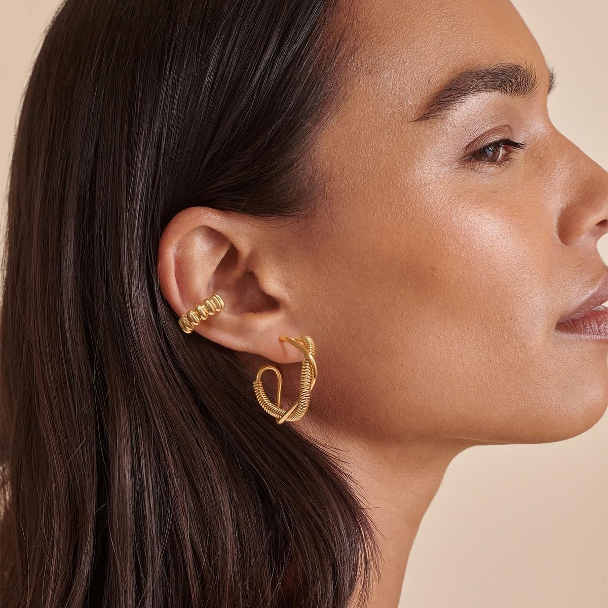 image:imageMEVECCO Gold Hoop Earring Sterling Silver Post Chunky Open Hoops 18K Gold Plated Simple Handmade Earrings Jewelry for HerScrew