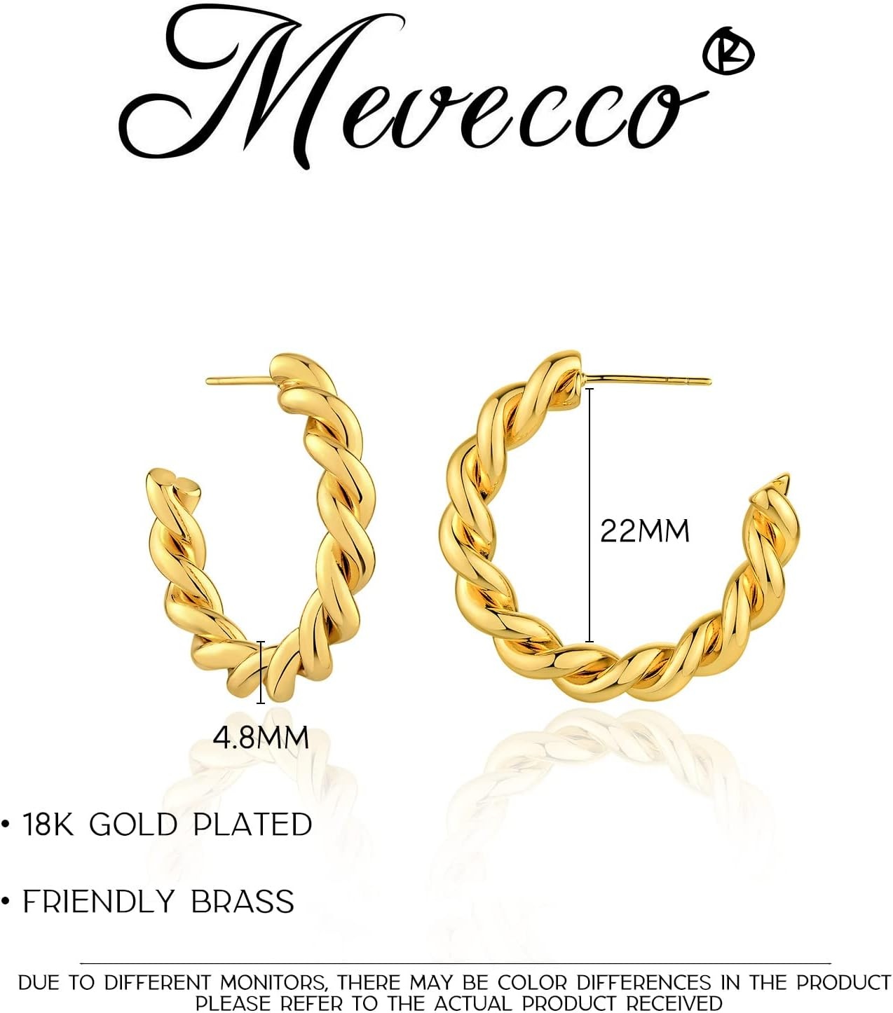 image:imageMEVECCO Gold Hoop Earring Sterling Silver Post Chunky Open Hoops 18K Gold Plated Simple Handmade Earrings Jewelry for HerTwisted