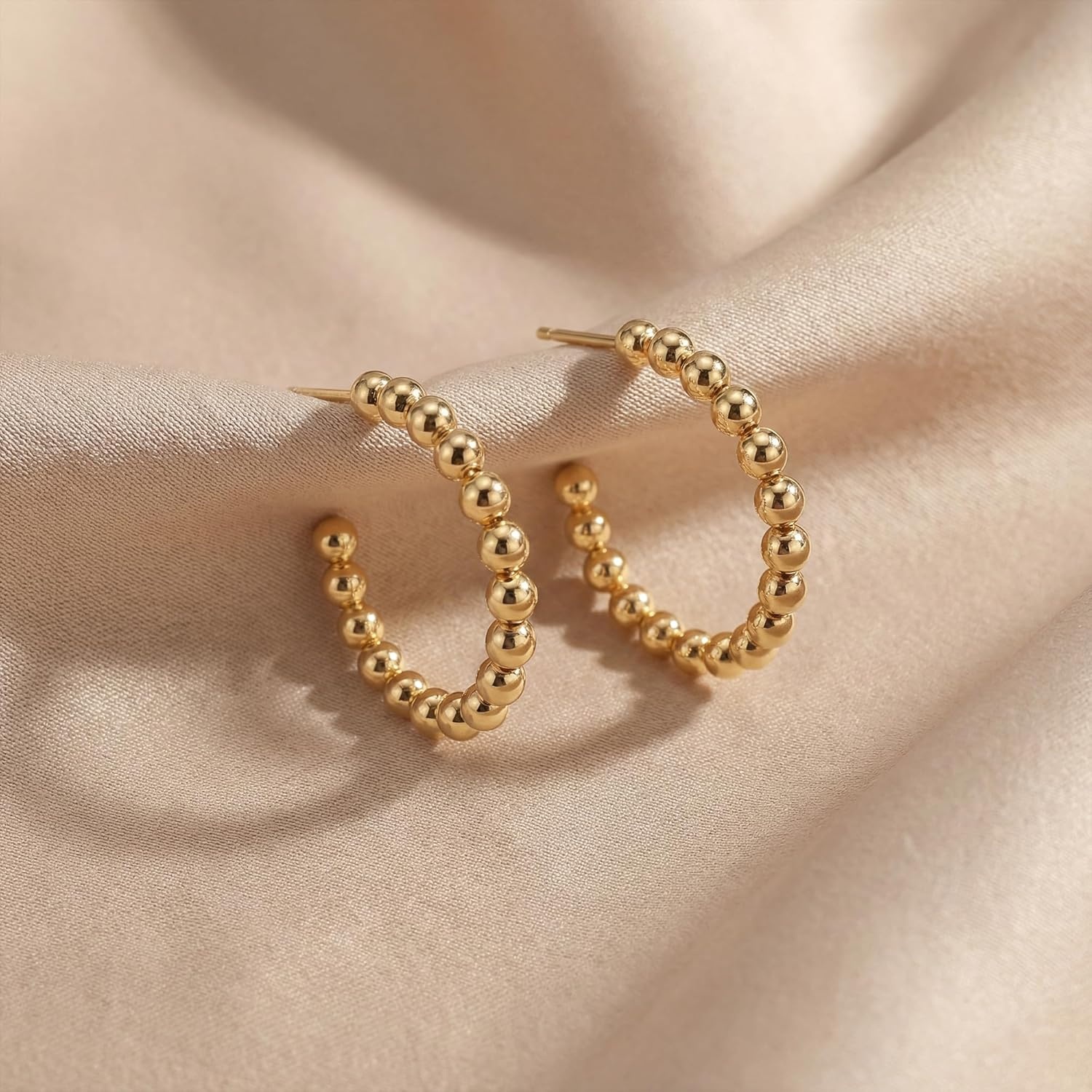 image:imageMEVECCO Gold Hoop Earring Sterling Silver Post Open Hoops 18K Gold Plated Small Hypoallergenic Gradual Earrings Jewelry for HerBeaded