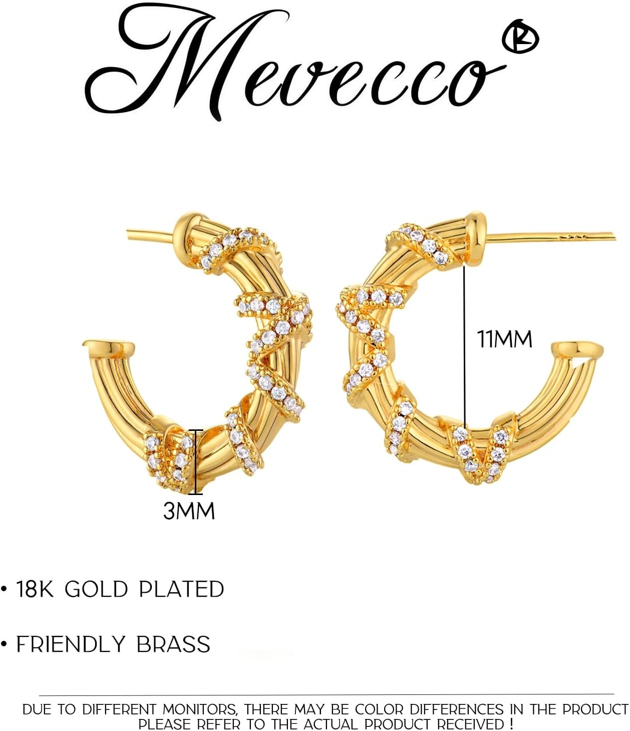 image:imageMEVECCO Gold Hoop Earring Sterling Silver Post Open Hoops 18K Gold Plated Small Hypoallergenic Gradual Earrings Jewelry for HerTwisted CZ