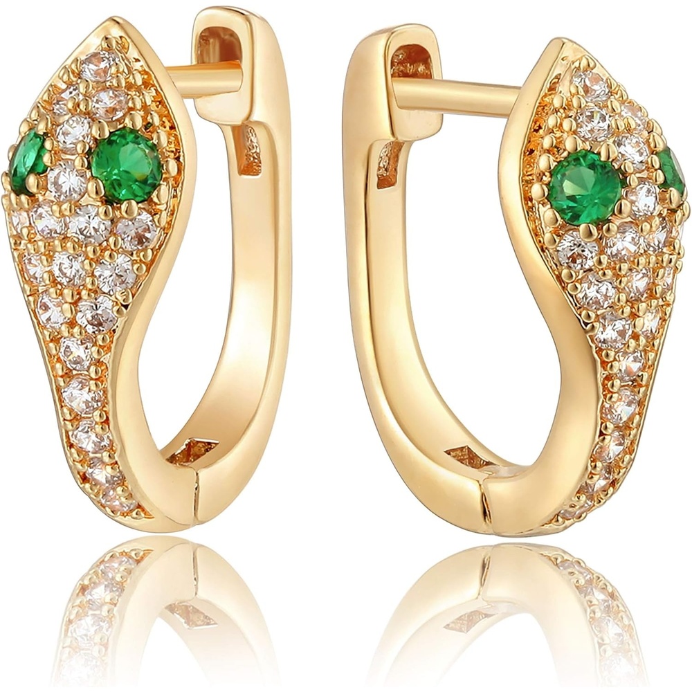 image:imageMEVECCO Dainty Gold Snake Earrings for Women 18K Gold Plated Dainty Snake Huggie Hoop Earrings Small Tiny Minimalist Snake Hoop Huggie Earrings Snake JewelrySnake CZ Green Eye