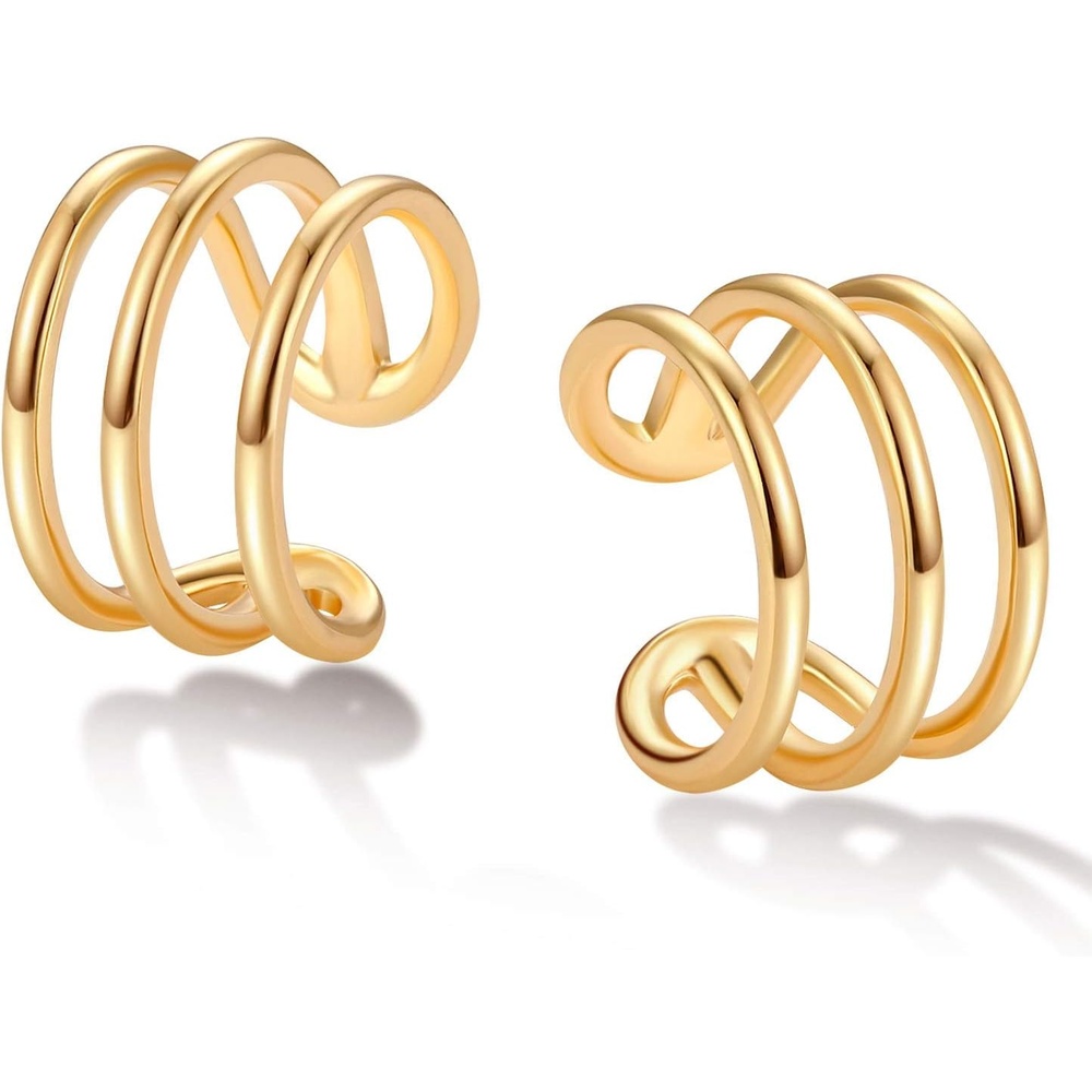 image:imageMEVECCO Gold Ear Cuff Earring 18K Gold Plated Non Pierced Ear Cartilage Clip on Wrap Hoop Tiny Chunky Blod Thick Simple Minimalist Handmade Delicate Hypoallergenic Ear Cuff Fake Earrings Women GiftThree Bars