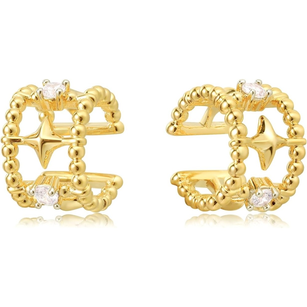 image:imageMEVECCO Gold Ear Cuff Earring 18K Gold Plated Non Pierced Ear Cartilage Clip on Wrap Hoop Tiny Chunky Blod Thick Simple Minimalist Handmade Delicate Hypoallergenic Ear Cuff Fake Earrings Women GiftCZ Star