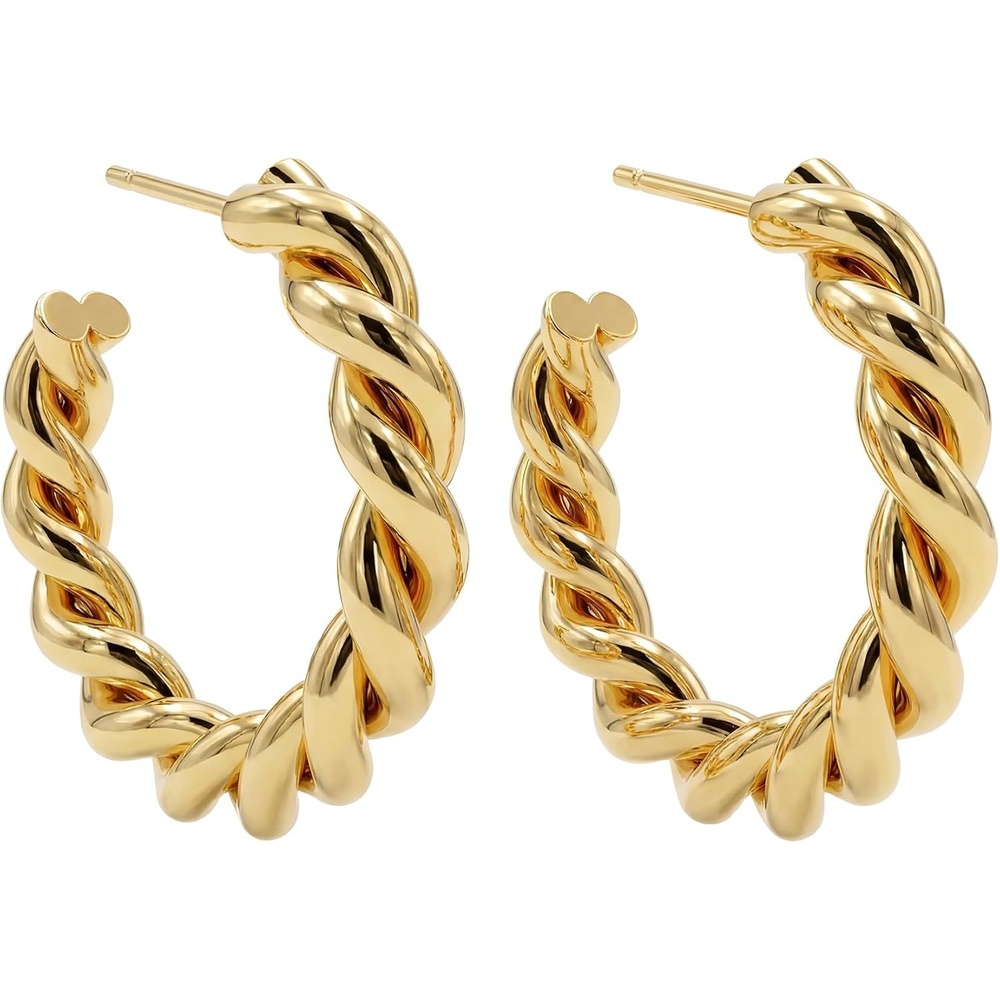 image:imageMEVECCO Gold Hoop Earring Sterling Silver Post Chunky Open Hoops 18K Gold Plated Simple Handmade Earrings Jewelry for HerTwisted