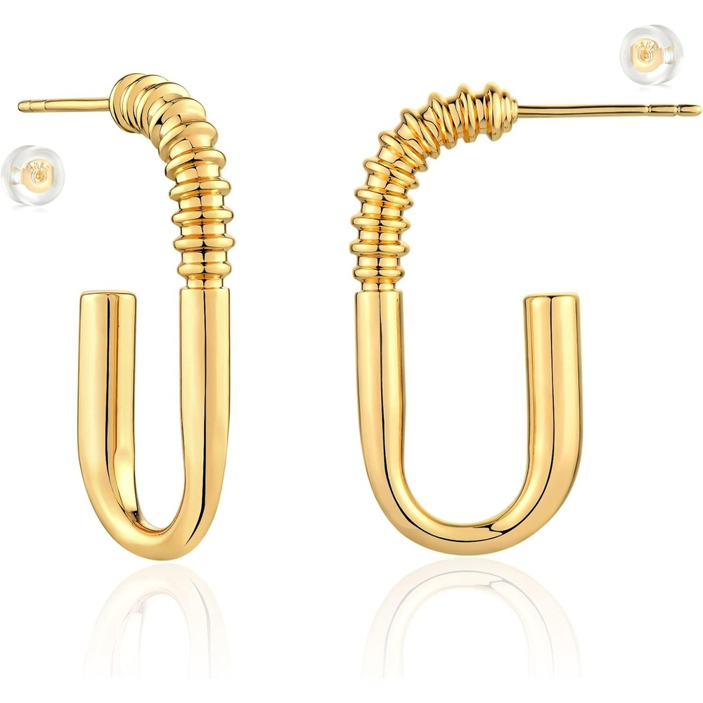 image:imageMEVECCO Gold Hoop Earring Sterling Silver Post Open Hoops 18K Gold Plated Small Hypoallergenic Gradual Earrings Jewelry for HerScrew UShape