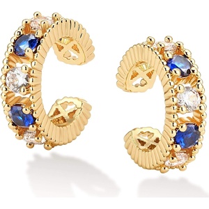 image:imageMEVECCO Gold Ear Cuff Earring 18K Gold Plated Non Pierced Ear Cartilage Clip on Wrap Hoop Tiny Chunky Blod Thick Simple Minimalist Handmade Delicate Hypoallergenic Ear Cuff Fake Earrings Women GiftBlue White CZ