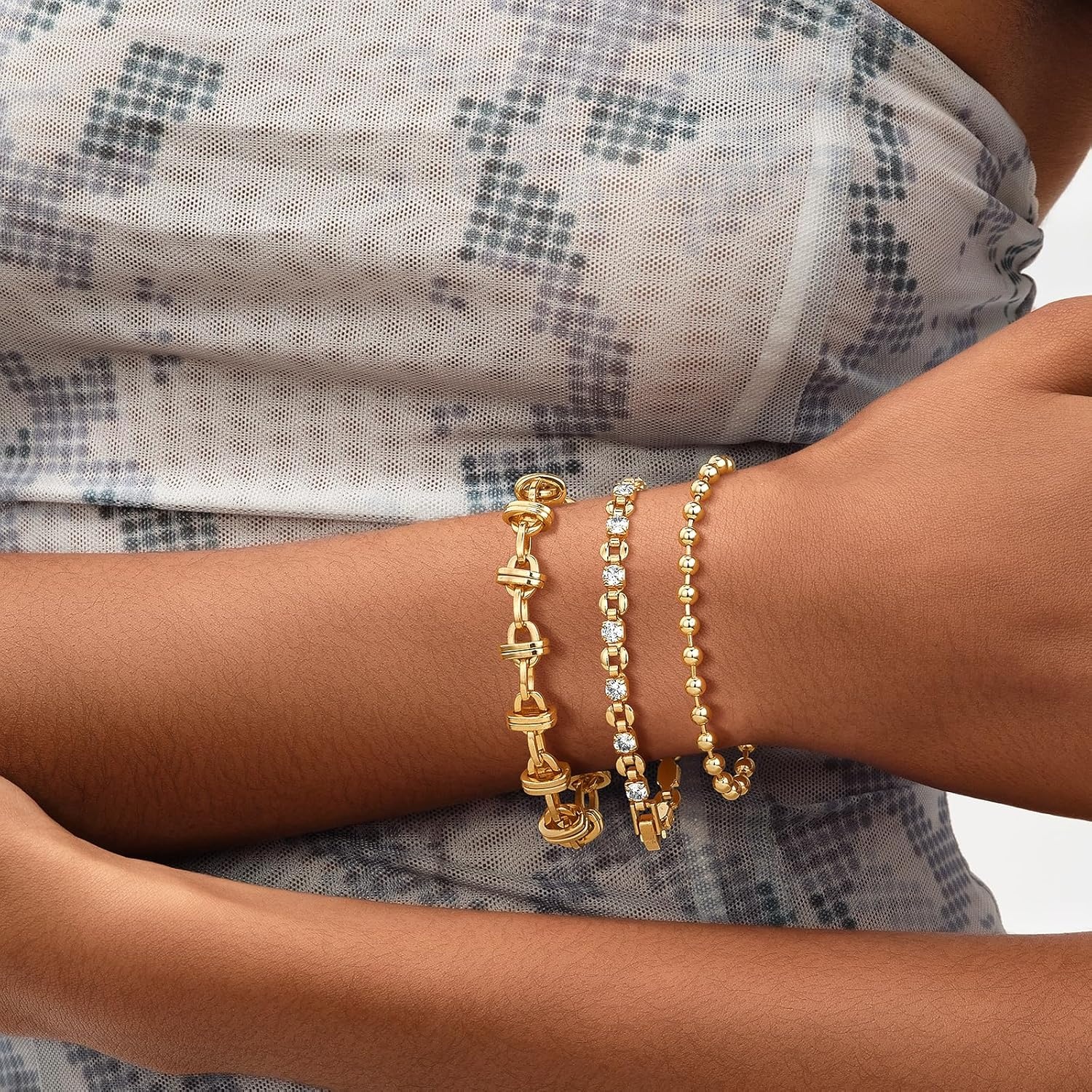 image:imageMEVECCO Gold Beaded Bracelets14K Gold Plated Handmade Cute Satellite Round Beads Dainty Chain Bracelet for Women 4mm