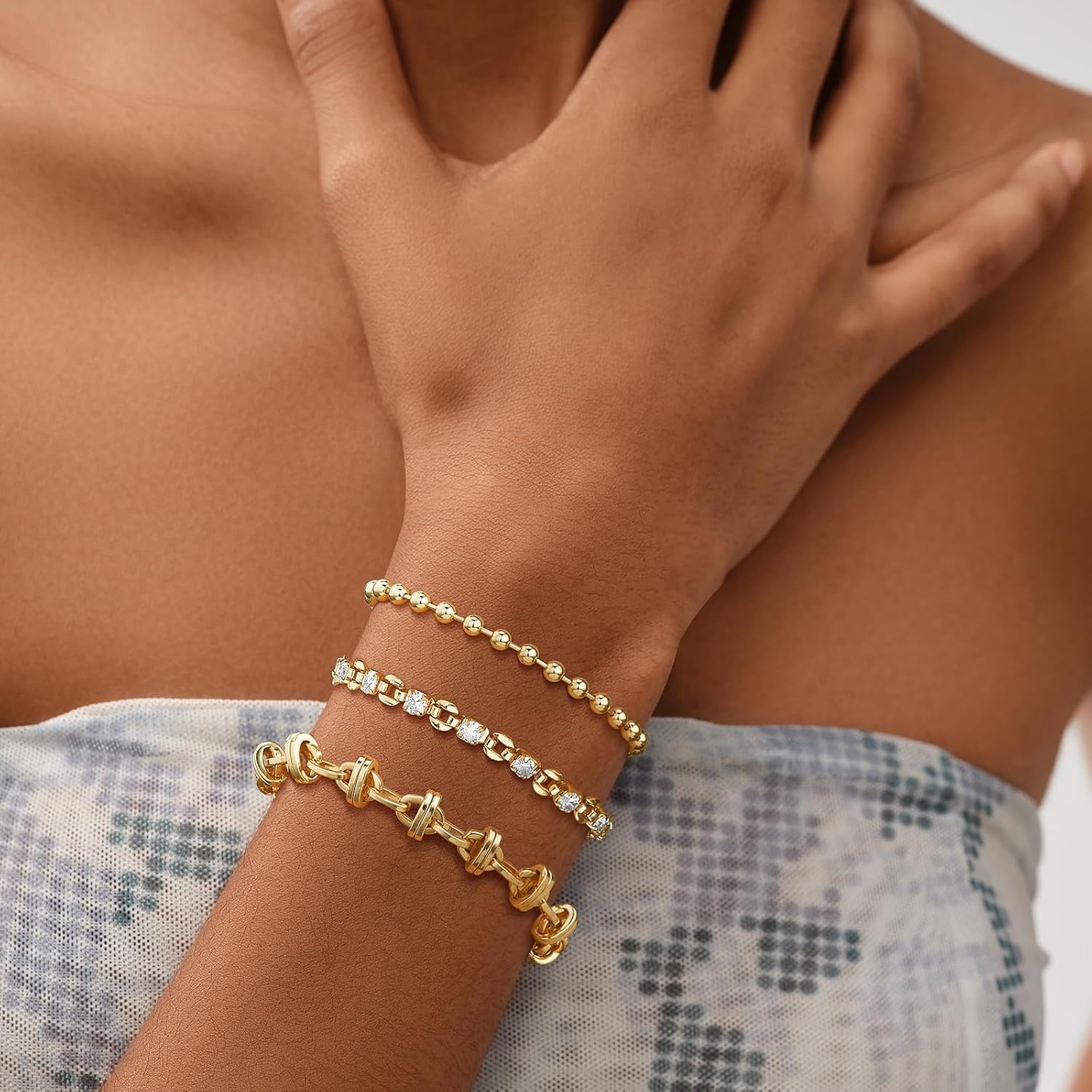image:imageMEVECCO Gold Beaded Bracelets14K Gold Plated Handmade Cute Satellite Round Beads Dainty Chain Bracelet for Women 4mm