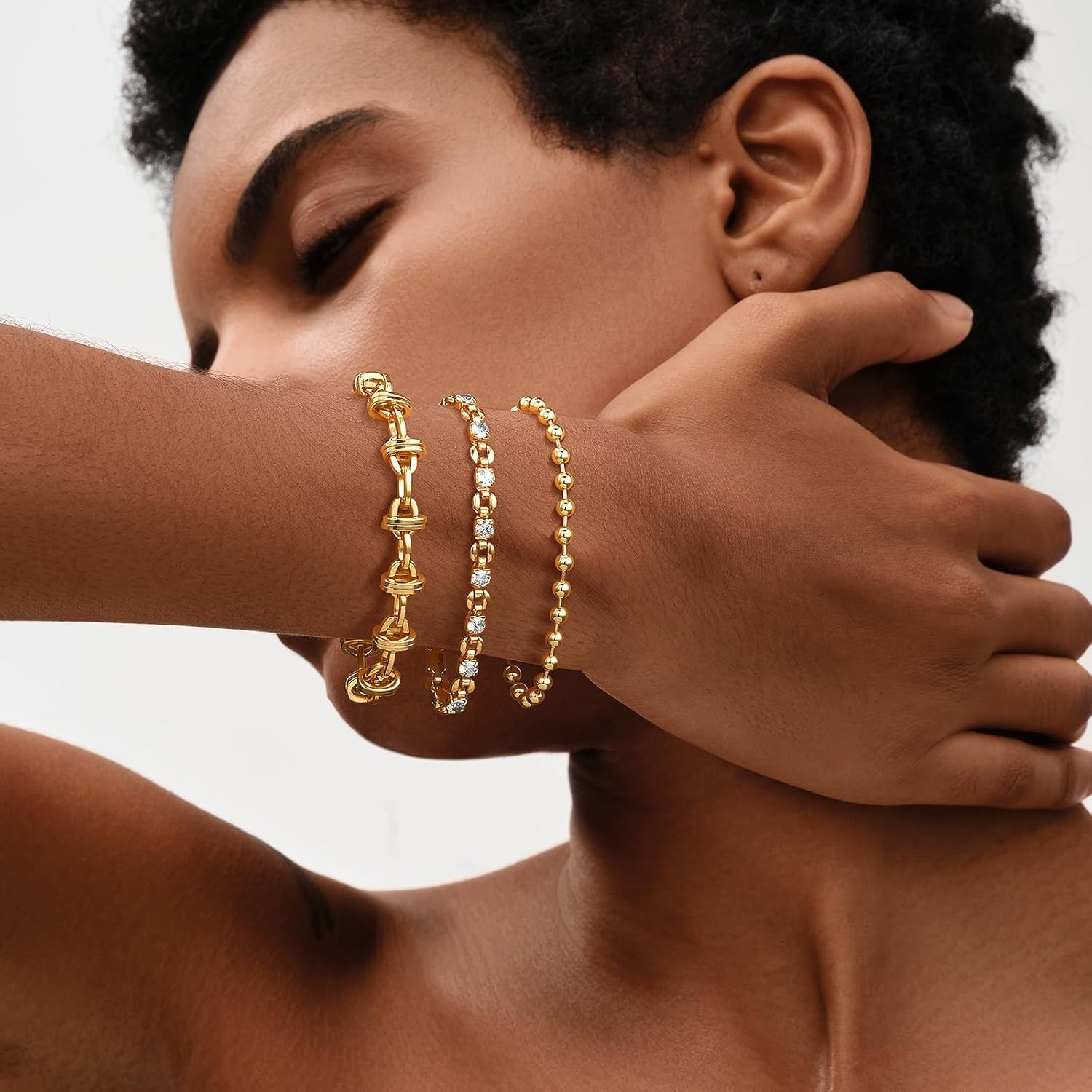 image:imageMEVECCO Gold Beaded Bracelets14K Gold Plated Handmade Cute Satellite Round Beads Dainty Chain Bracelet for Women 4mm