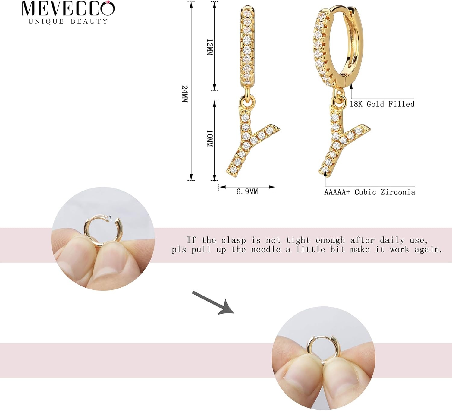 image:imageMEVECCO 18K Dainty Gold Filled Pave Cubic Zircon Letter Charm Huggie Hoop Earrings Wear Initials AZ 26 Letter Charm Earrings Personalized Tiny Dangle Minimalist Initial JewelryY