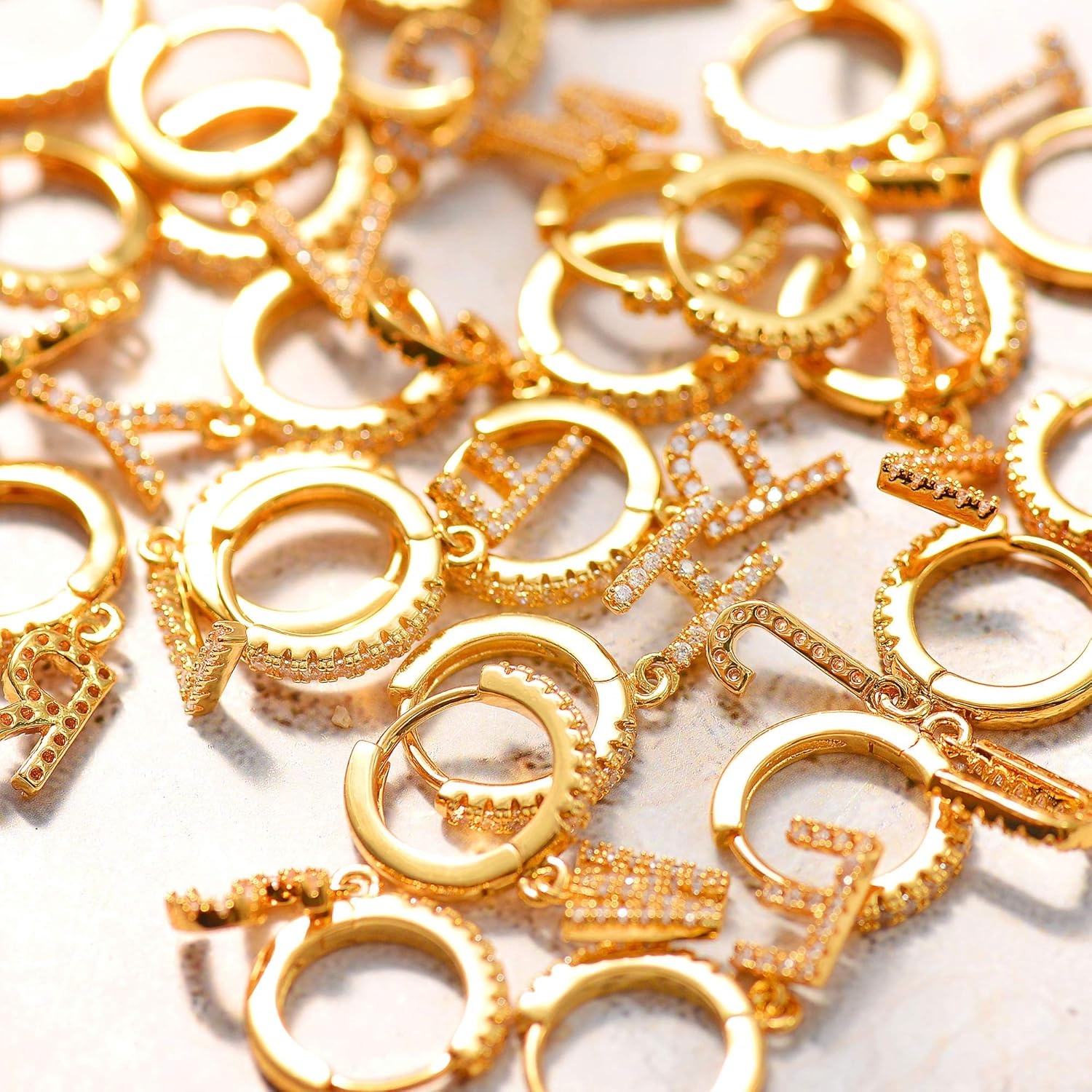 image:imageMEVECCO 18K Dainty Gold Filled Pave Cubic Zircon Letter Charm Huggie Hoop Earrings Wear Initials AZ 26 Letter Charm Earrings Personalized Tiny Dangle Minimalist Initial JewelryY