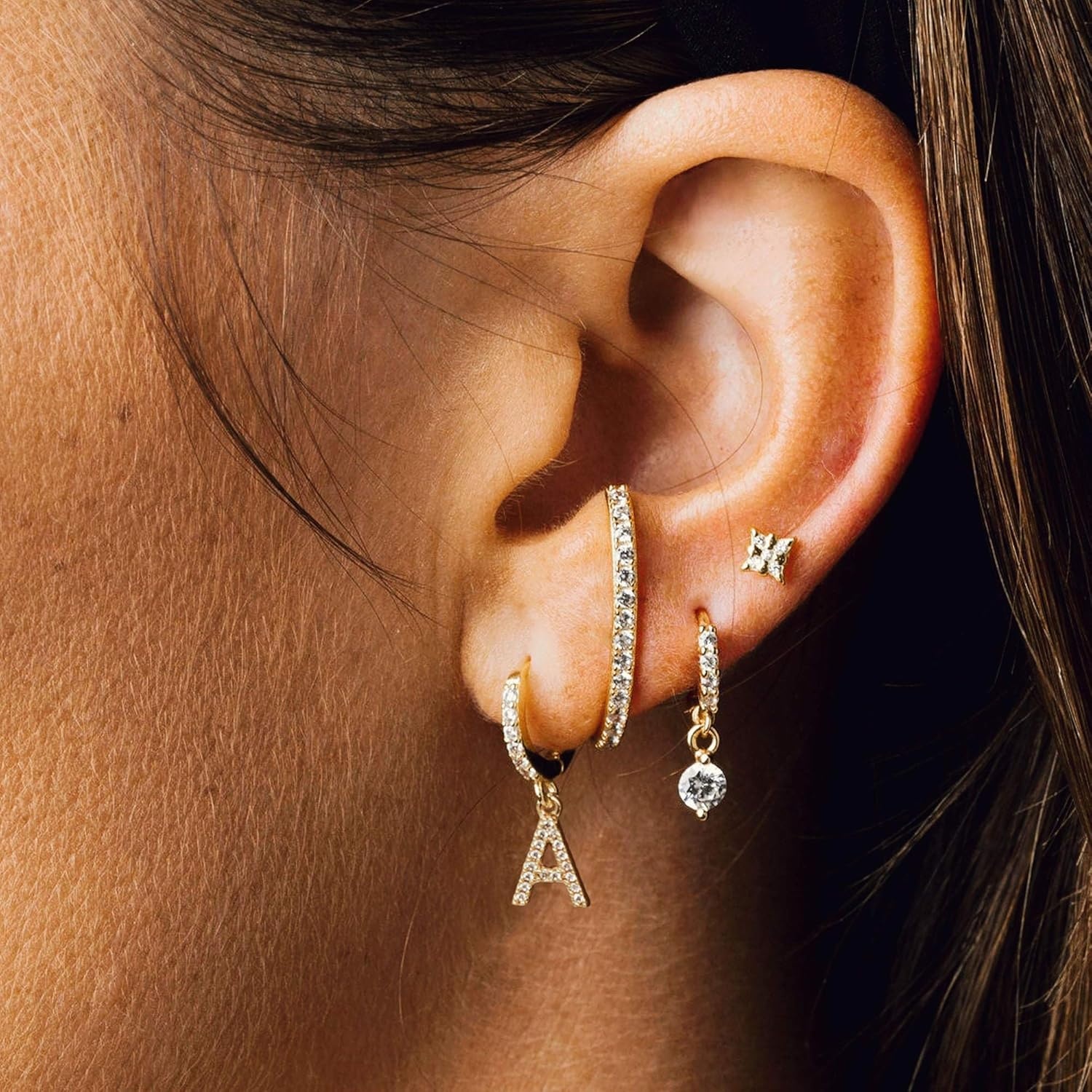 image:imageMEVECCO 18K Dainty Gold Filled Pave Cubic Zircon Letter Charm Huggie Hoop Earrings Wear Initials AZ 26 Letter Charm Earrings Personalized Tiny Dangle Minimalist Initial JewelryY