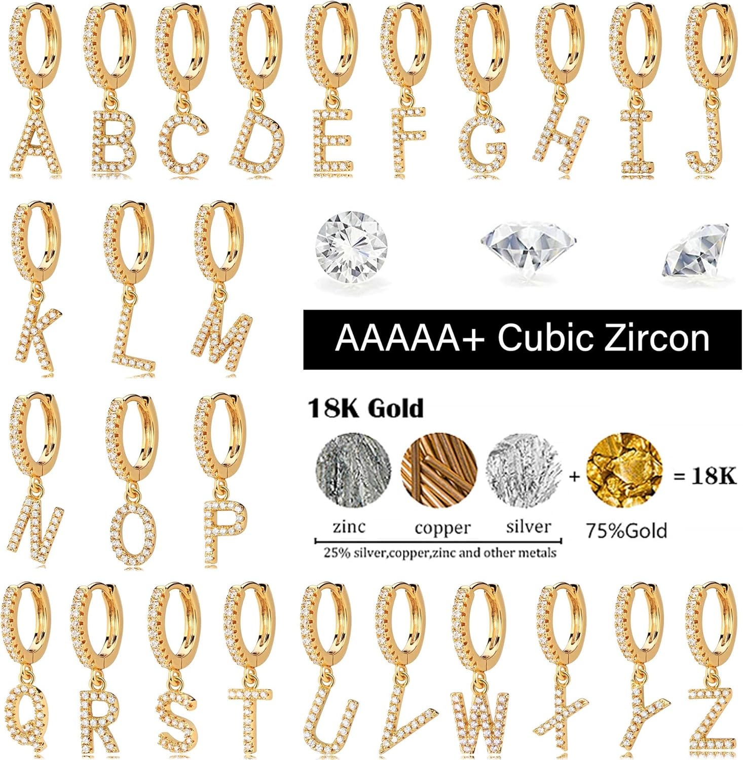 image:imageMEVECCO 18K Dainty Gold Filled Pave Cubic Zircon Letter Charm Huggie Hoop Earrings Wear Initials AZ 26 Letter Charm Earrings Personalized Tiny Dangle Minimalist Initial JewelryY