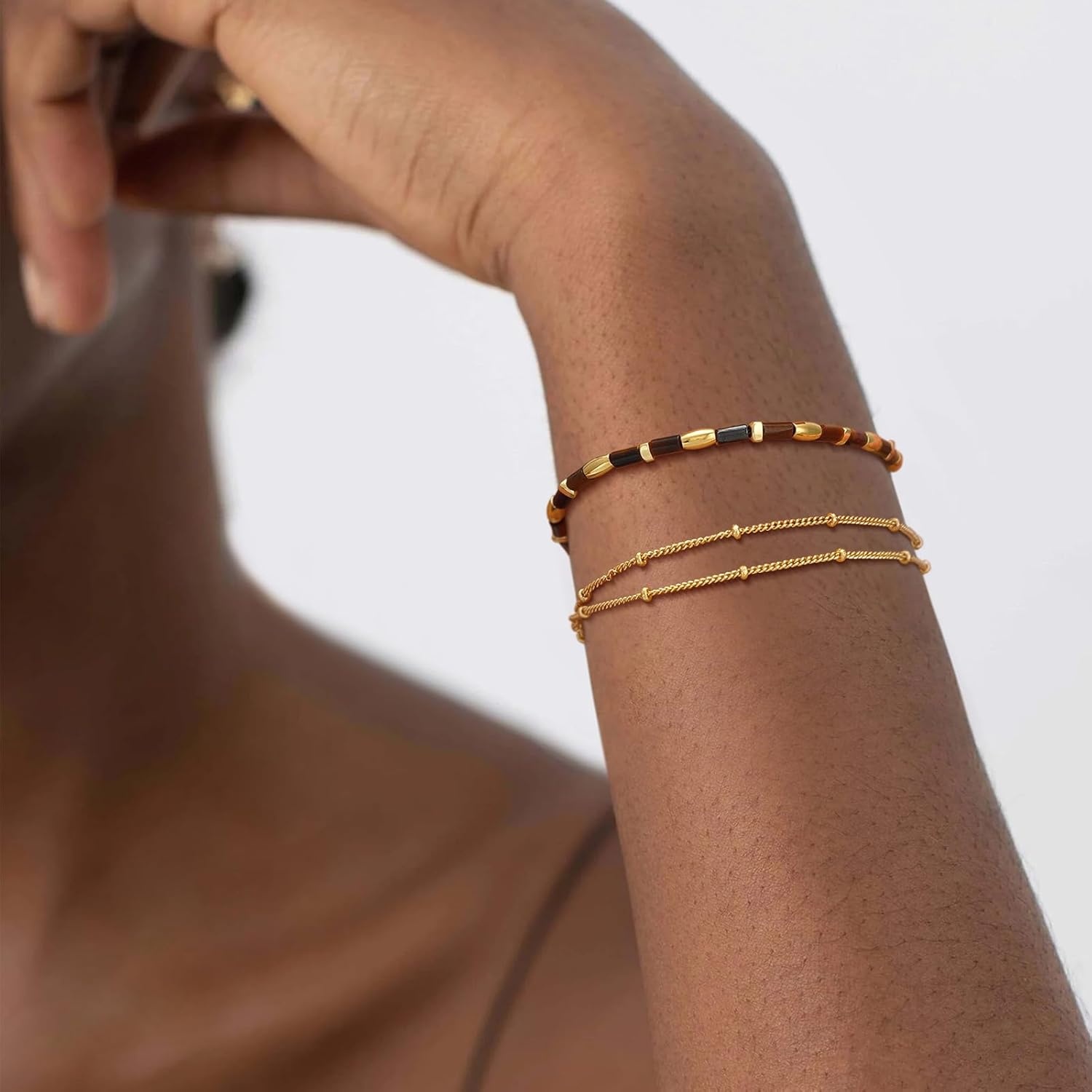 image:imageMEVECCO Gold Bracelet for Women 18K Gold Plated Stone Mixed Bracelet Handmade Gold Chain Bracelet Stack for Her Jewelry Gifts