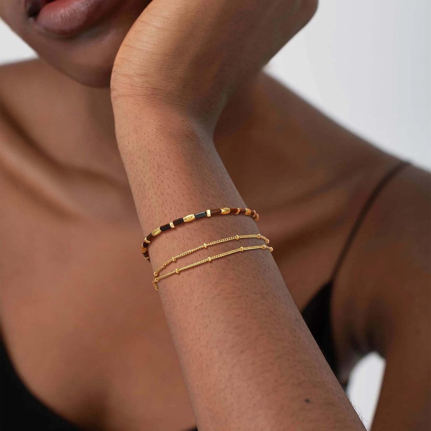 image:imageMEVECCO Gold Bracelet for Women 18K Gold Plated Stone Mixed Bracelet Handmade Gold Chain Bracelet Stack for Her Jewelry Gifts