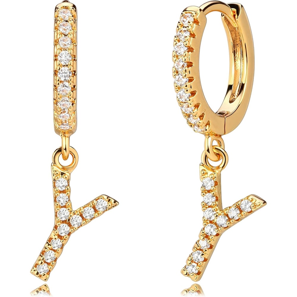 image:imageMEVECCO 18K Dainty Gold Filled Pave Cubic Zircon Letter Charm Huggie Hoop Earrings Wear Initials AZ 26 Letter Charm Earrings Personalized Tiny Dangle Minimalist Initial JewelryY