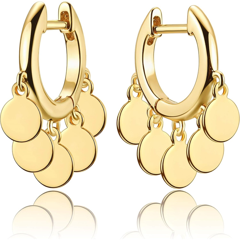 image:imageMevecco Gold Tassel Huggie Hoop Earrings 18K Gold Plated Dainty Small Star Disc Cross Turquoise CZ Tassel Dangle Drop Huggy Sleeper Earrings for Women for HerDisc