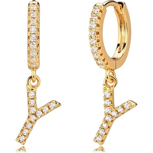 image:imageMEVECCO 18K Dainty Gold Filled Pave Cubic Zircon Letter Charm Huggie Hoop Earrings Wear Initials AZ 26 Letter Charm Earrings Personalized Tiny Dangle Minimalist Initial JewelryY