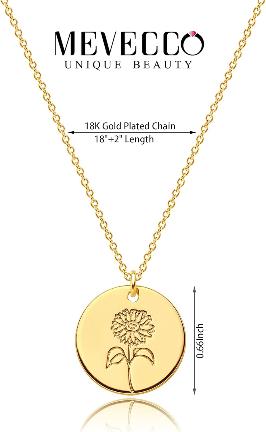 image:imageMEVECCO Birth Flower Necklace 18k Gold Custom Floral Pendant Necklaces Dainty Birth Month Flower Disc Hand Stamped Necklace Personalized Jewelry Birthday GiftA Sunflower