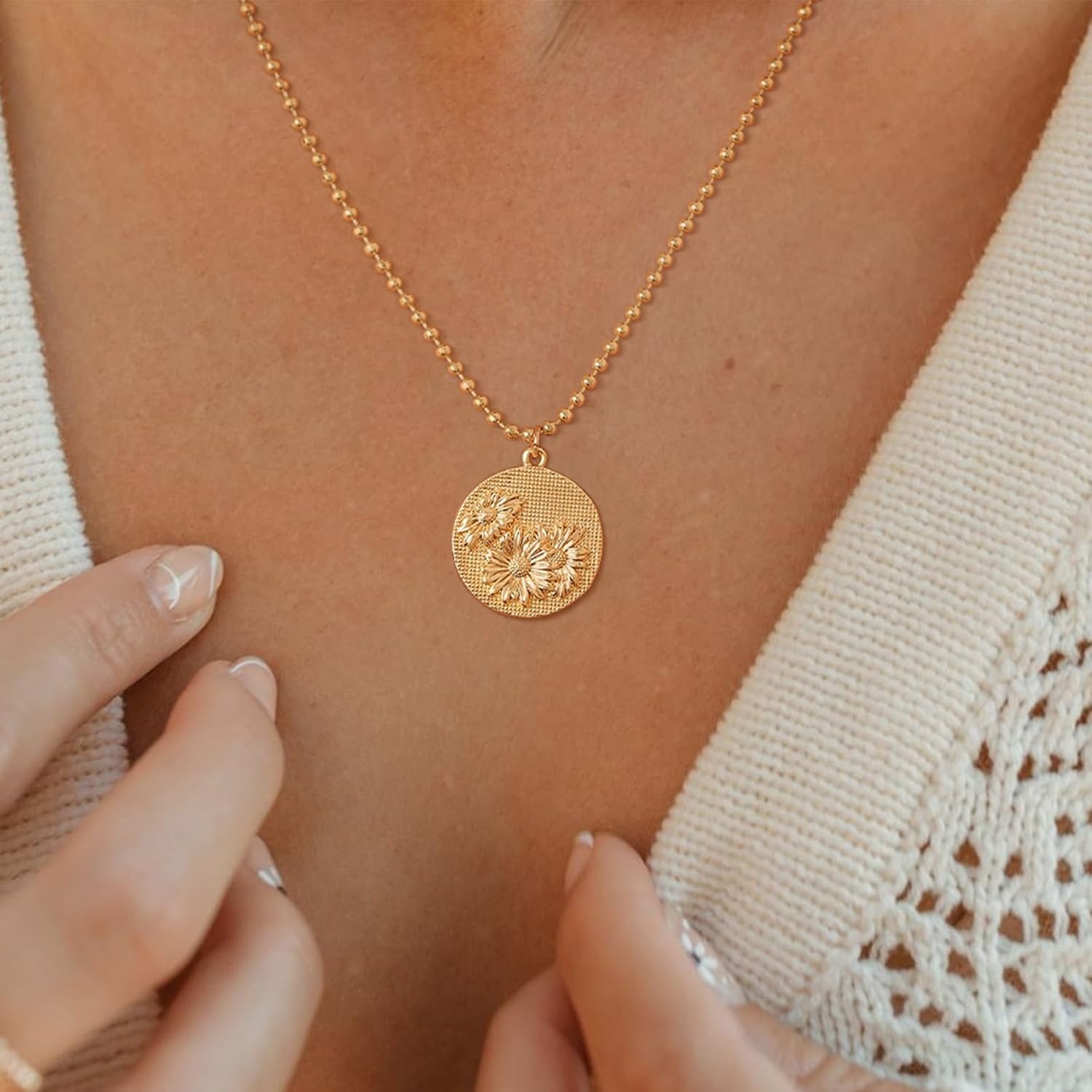 image:imageMEVECCO Gold Birth Flower Coin Necklace for Women 12 Month Flower Pendent 18K Gold Plated with Beaded Chain Personalized Embossed Floral Disc Necklace Birthday GiftsSeptember