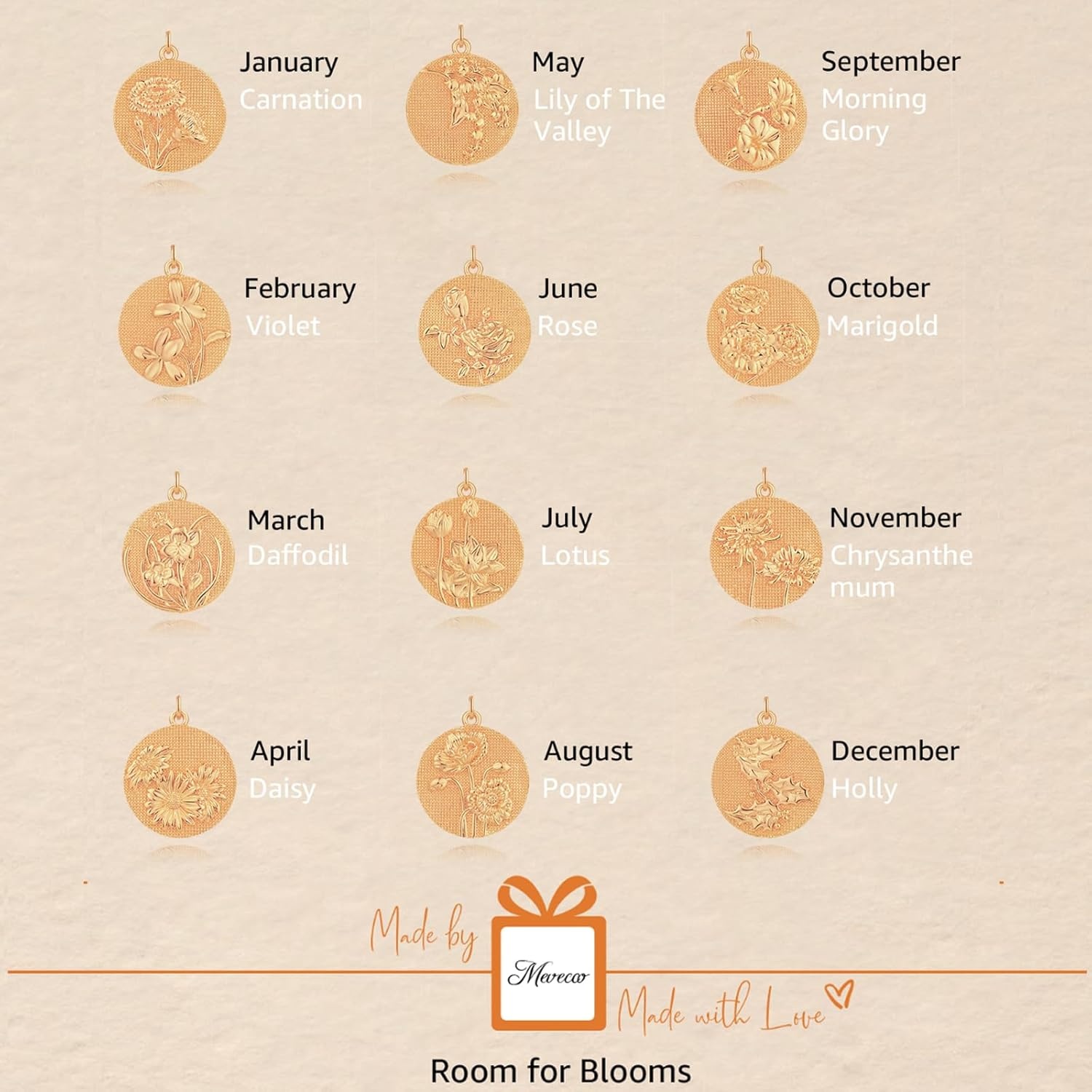 image:imageMEVECCO Gold Birth Flower Coin Necklace for Women 12 Month Flower Pendent 18K Gold Plated with Beaded Chain Personalized Embossed Floral Disc Necklace Birthday GiftsSeptember