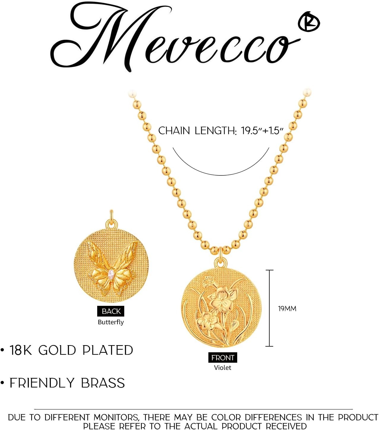 image:imageMEVECCO Gold Birth Flower Coin Necklace for Women 12 Month Flower Pendent 18K Gold Plated with Beaded Chain Personalized Embossed Floral Disc Necklace Birthday GiftsMarch