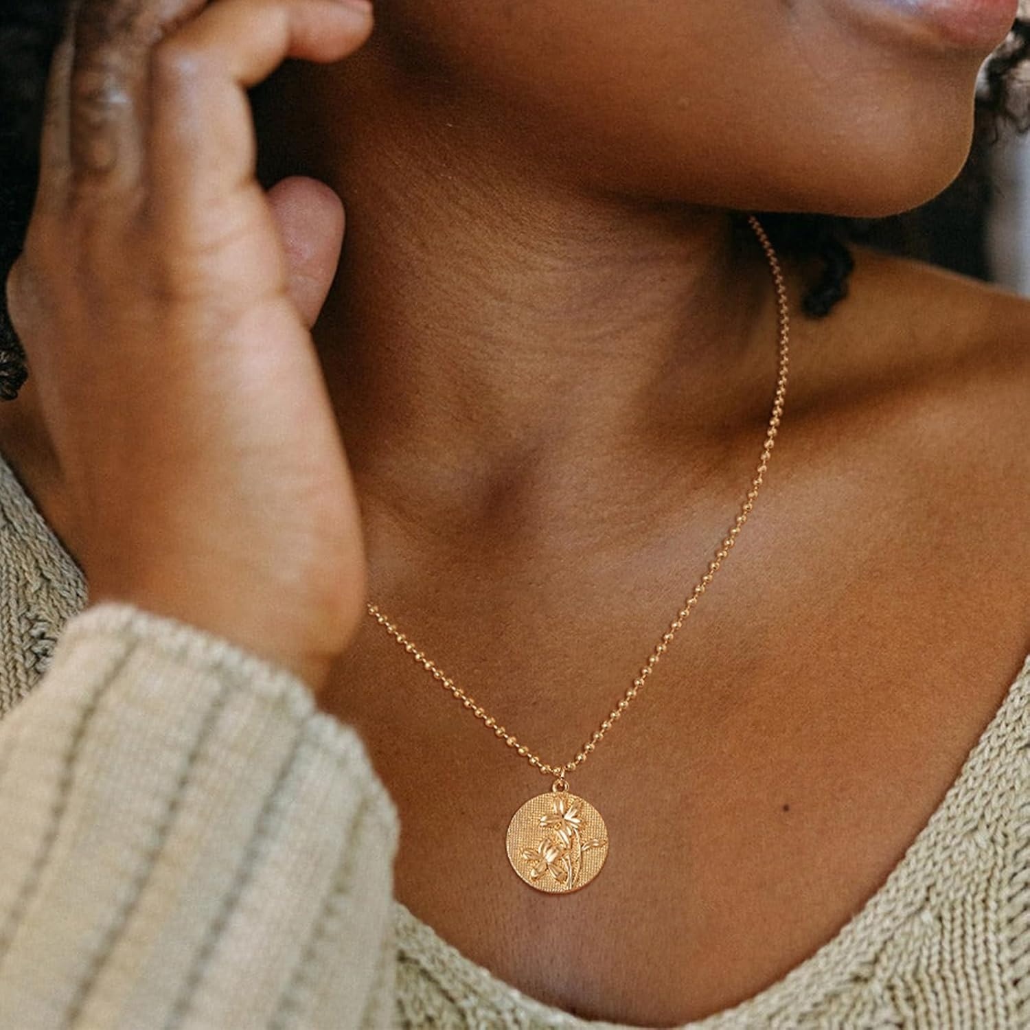 image:imageMEVECCO Gold Birth Flower Coin Necklace for Women 12 Month Flower Pendent 18K Gold Plated with Beaded Chain Personalized Embossed Floral Disc Necklace Birthday GiftsJuly