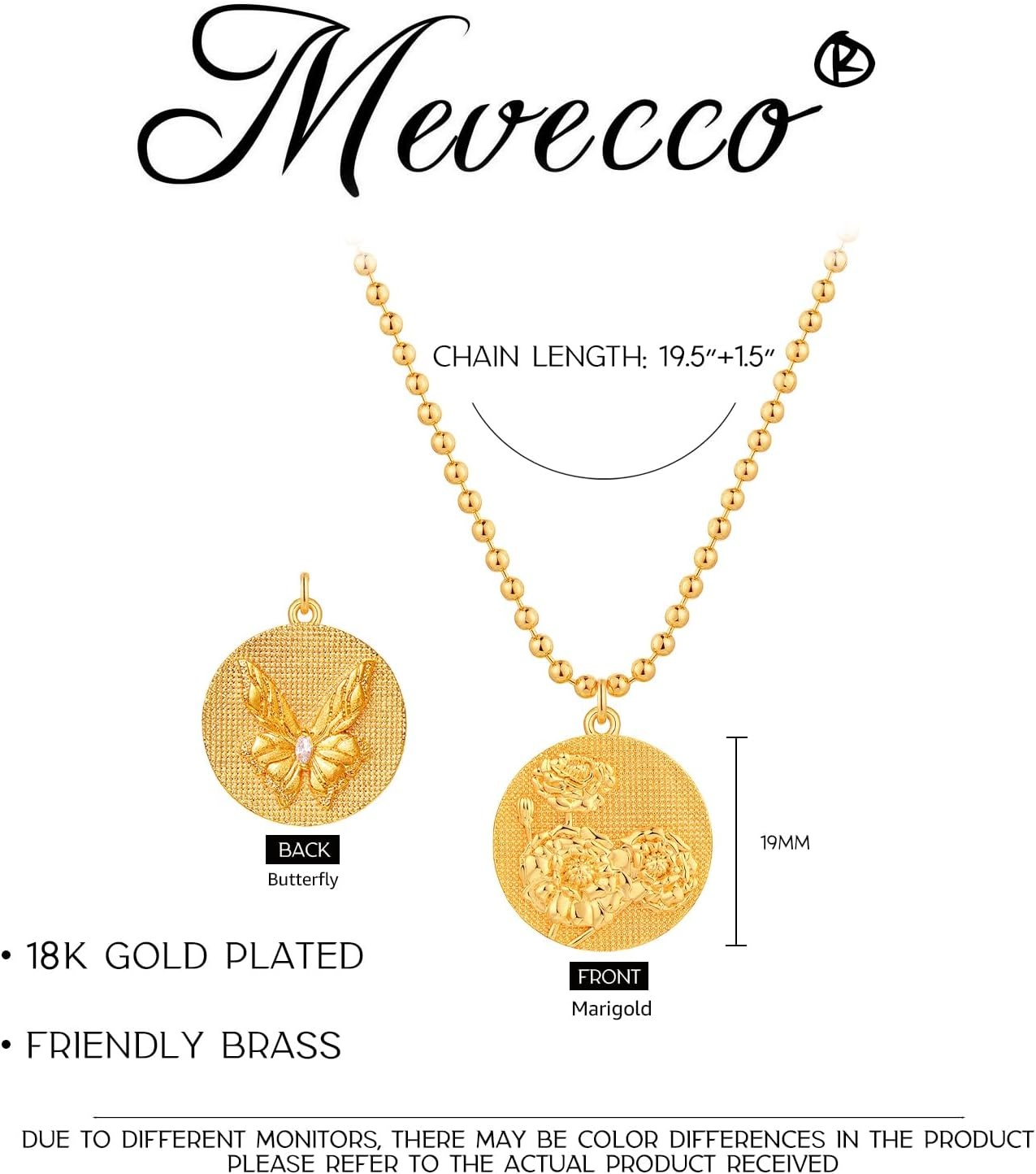 image:imageMEVECCO Gold Birth Flower Coin Necklace for Women 12 Month Flower Pendent 18K Gold Plated with Beaded Chain Personalized Embossed Floral Disc Necklace Birthday GiftsOctober