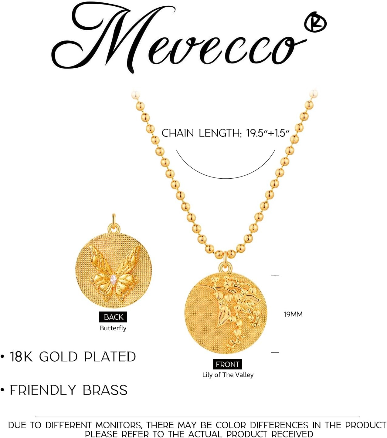 image:imageMEVECCO Gold Birth Flower Coin Necklace for Women 12 Month Flower Pendent 18K Gold Plated with Beaded Chain Personalized Embossed Floral Disc Necklace Birthday GiftsMay
