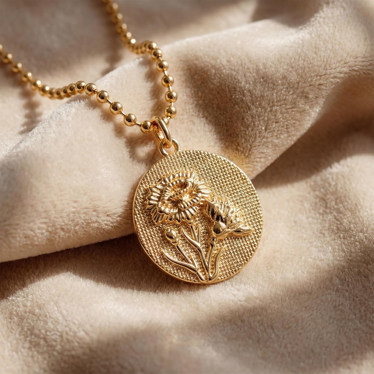 image:imageMEVECCO Gold Birth Flower Coin Necklace for Women 12 Month Flower Pendent 18K Gold Plated with Beaded Chain Personalized Embossed Floral Disc Necklace Birthday GiftsJanuary