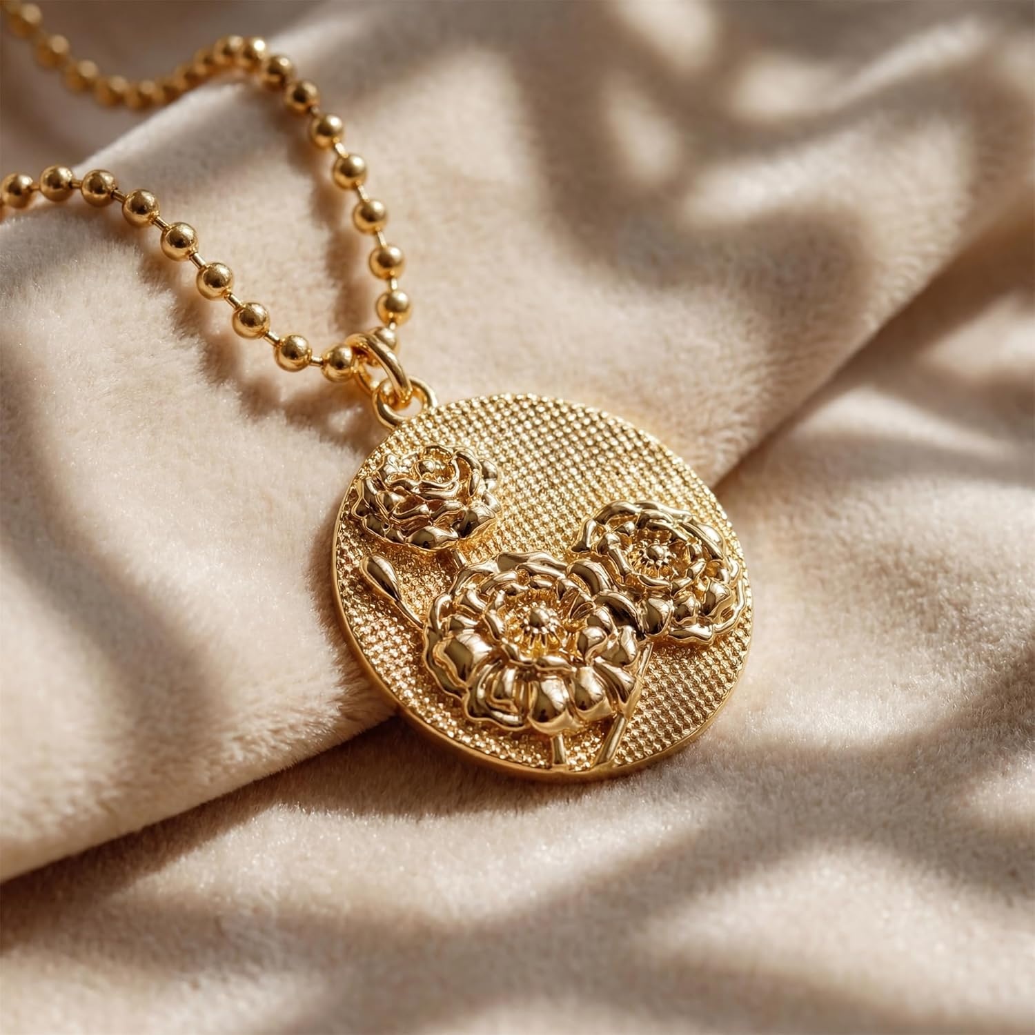 image:imageMEVECCO Gold Birth Flower Coin Necklace for Women 12 Month Flower Pendent 18K Gold Plated with Beaded Chain Personalized Embossed Floral Disc Necklace Birthday GiftsOctober
