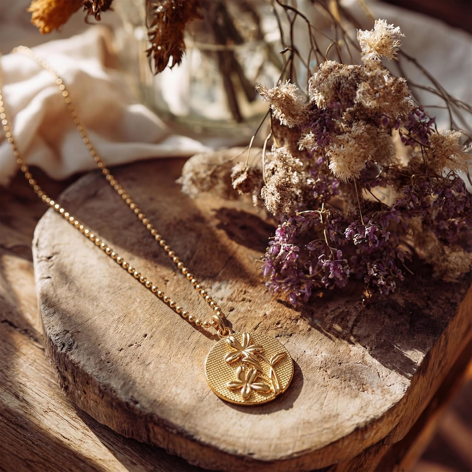 image:imageMEVECCO Gold Birth Flower Coin Necklace for Women 12 Month Flower Pendent 18K Gold Plated with Beaded Chain Personalized Embossed Floral Disc Necklace Birthday GiftsFebruary