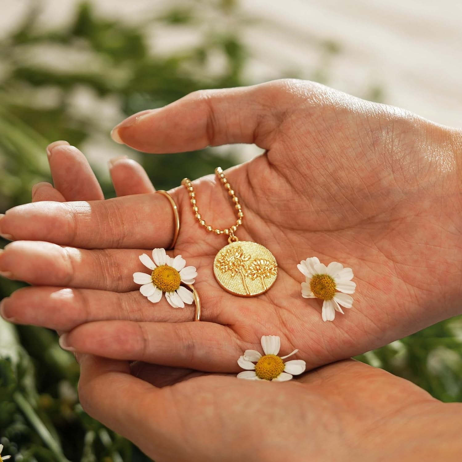 image:imageMEVECCO Gold Birth Flower Coin Necklace for Women 12 Month Flower Pendent 18K Gold Plated with Beaded Chain Personalized Embossed Floral Disc Necklace Birthday GiftsJuly