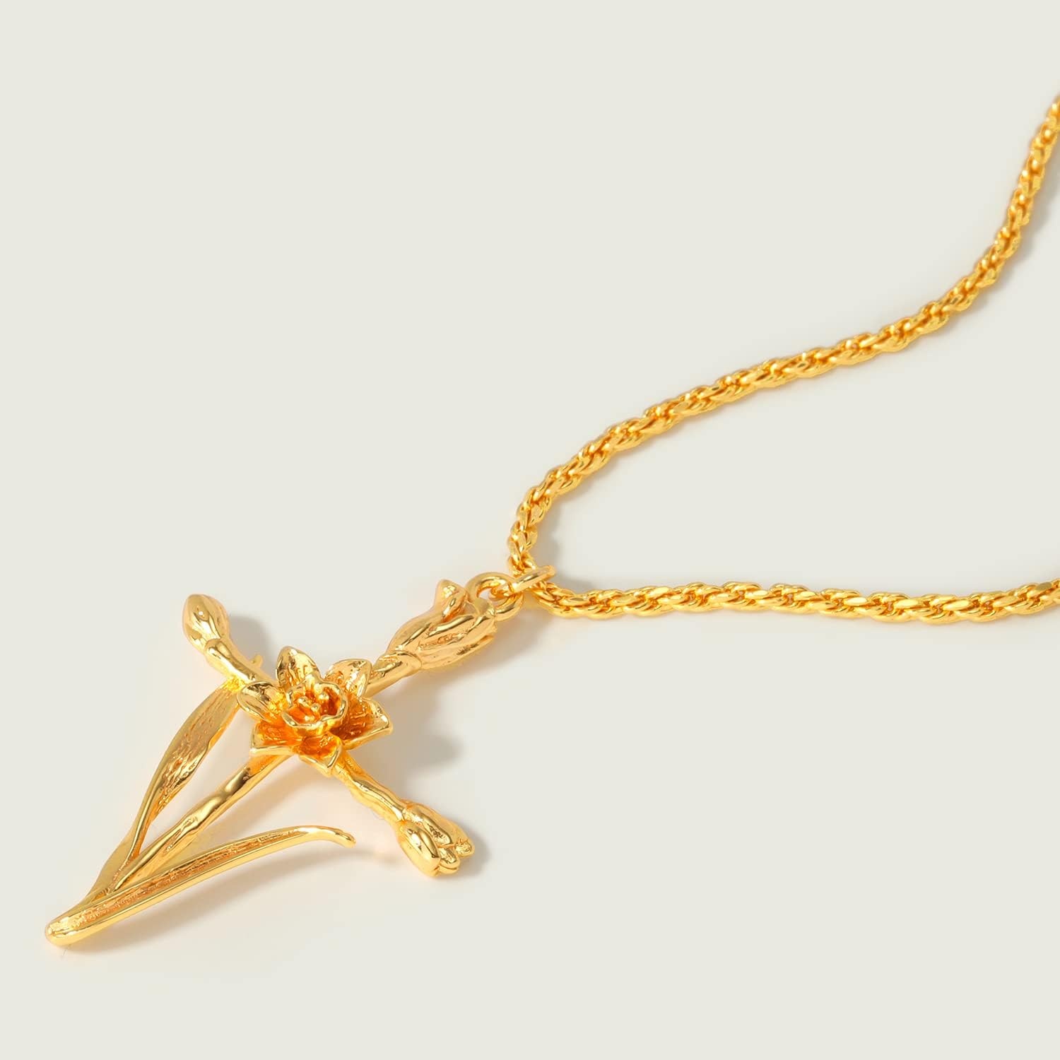 image:imageMEVECCO Gold Birth Flower Cross Necklace for Women 12 Month Faith Pendent 18K Gold Plated 2MM Twist Rope Chain Personalized Religious Birthday Jewelry for HerMarch
