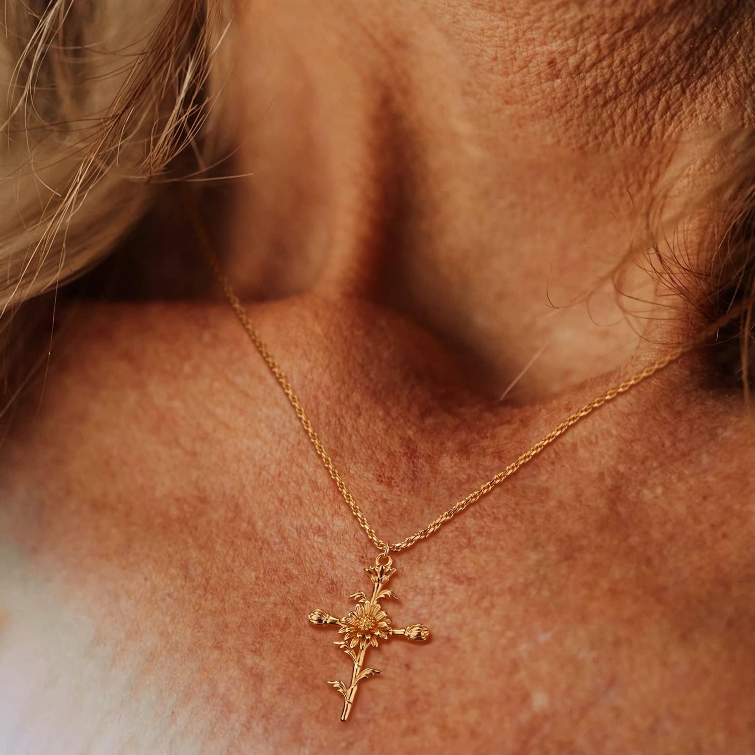 image:imageMEVECCO Gold Birth Flower Cross Necklace for Women 12 Month Faith Pendent 18K Gold Plated 2MM Twist Rope Chain Personalized Religious Birthday Jewelry for HerMarch