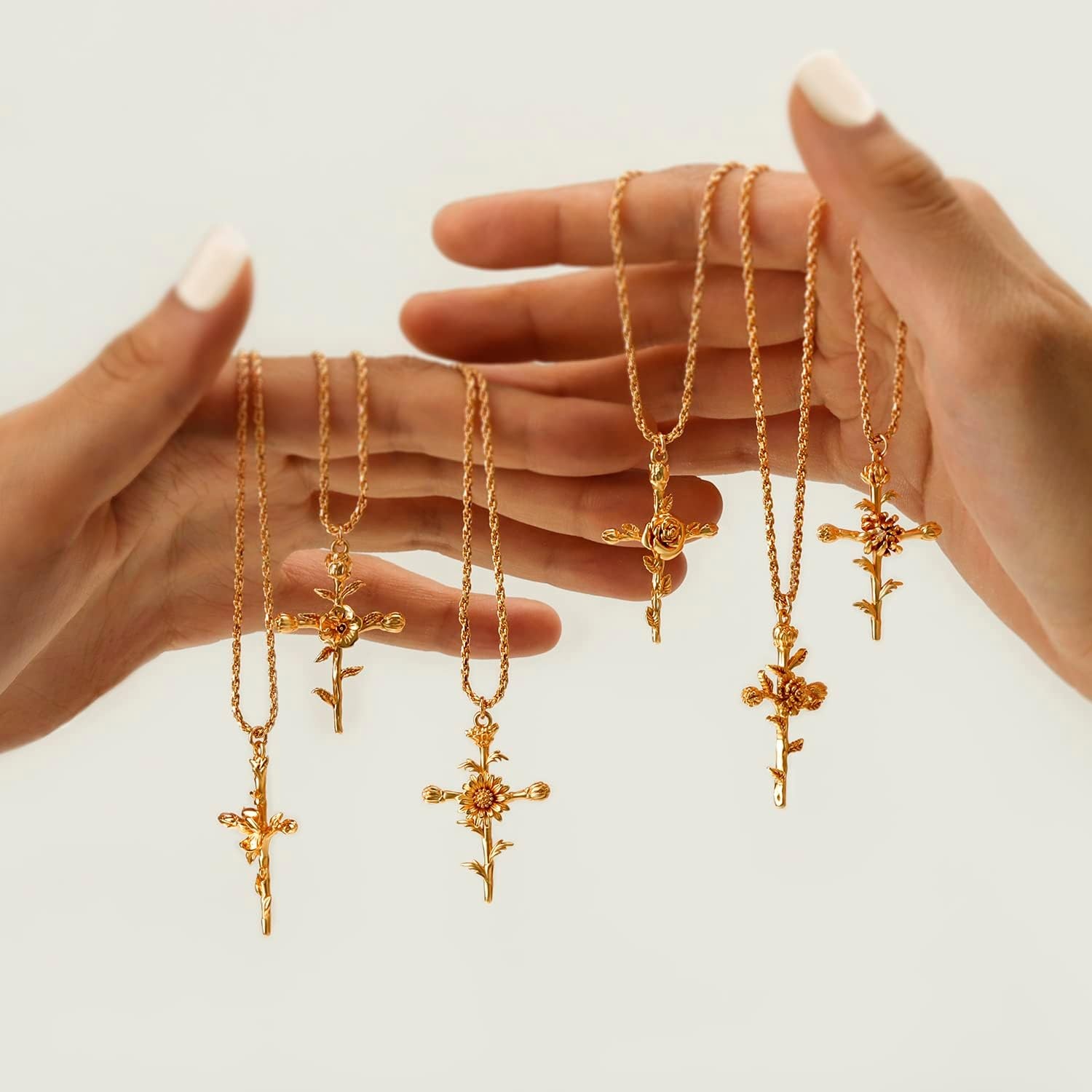 image:imageMEVECCO Gold Birth Flower Cross Necklace for Women 12 Month Faith Pendent 18K Gold Plated 2MM Twist Rope Chain Personalized Religious Birthday Jewelry for HerMarch