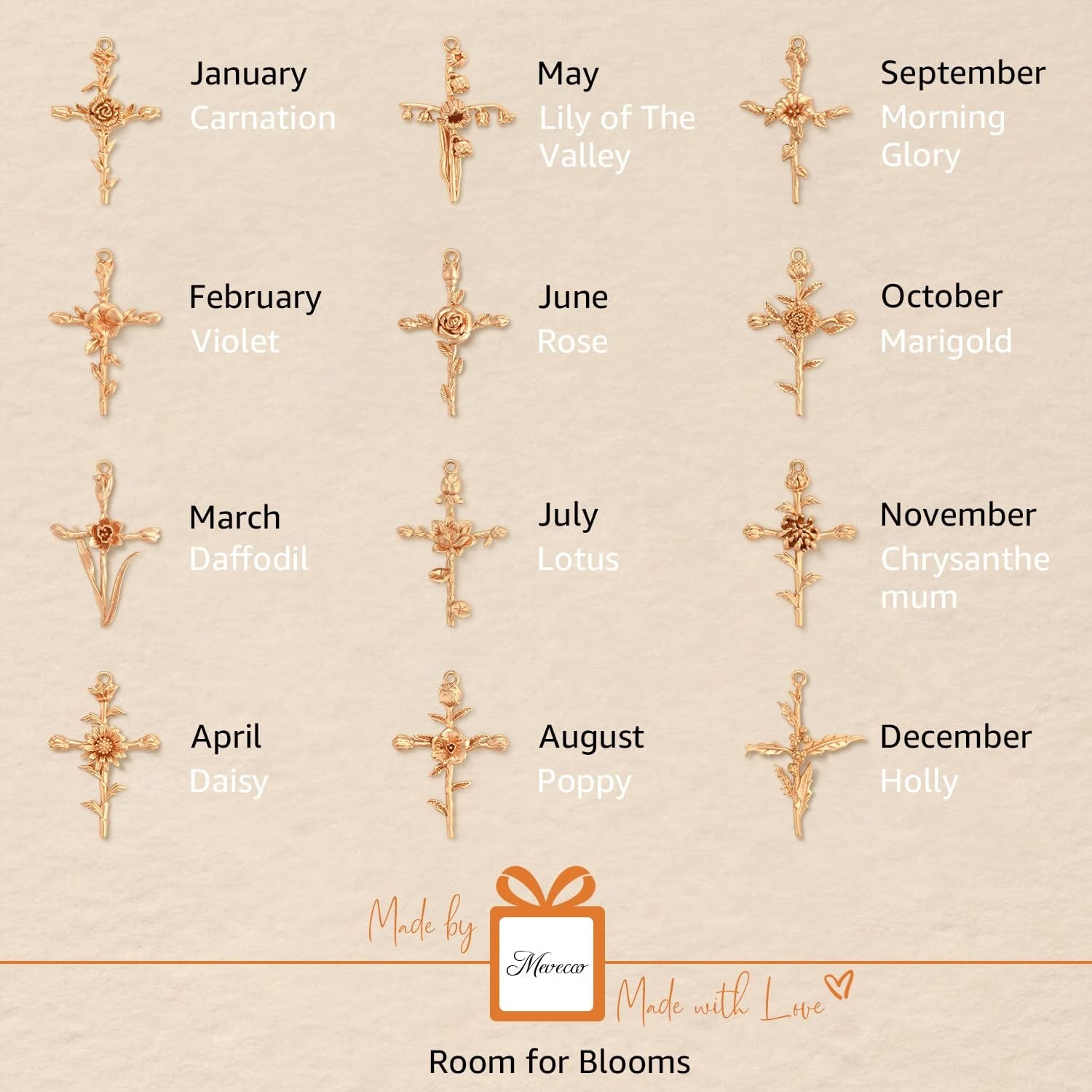 image:imageMEVECCO Gold Birth Flower Cross Necklace for Women 12 Month Faith Pendent 18K Gold Plated 2MM Twist Rope Chain Personalized Religious Birthday Jewelry for HerMarch