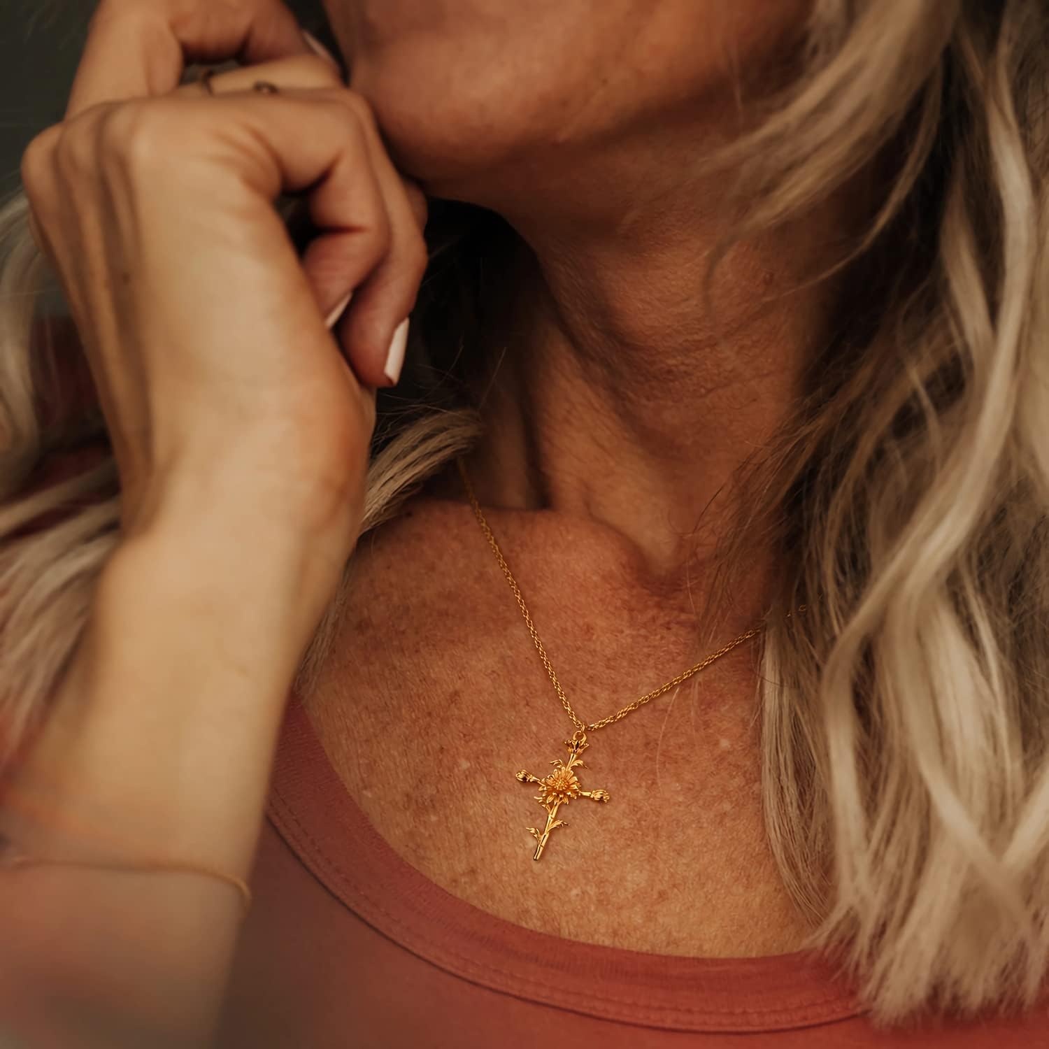 image:imageMEVECCO Gold Birth Flower Cross Necklace for Women 12 Month Faith Pendent 18K Gold Plated 2MM Twist Rope Chain Personalized Religious Birthday Jewelry for HerMarch