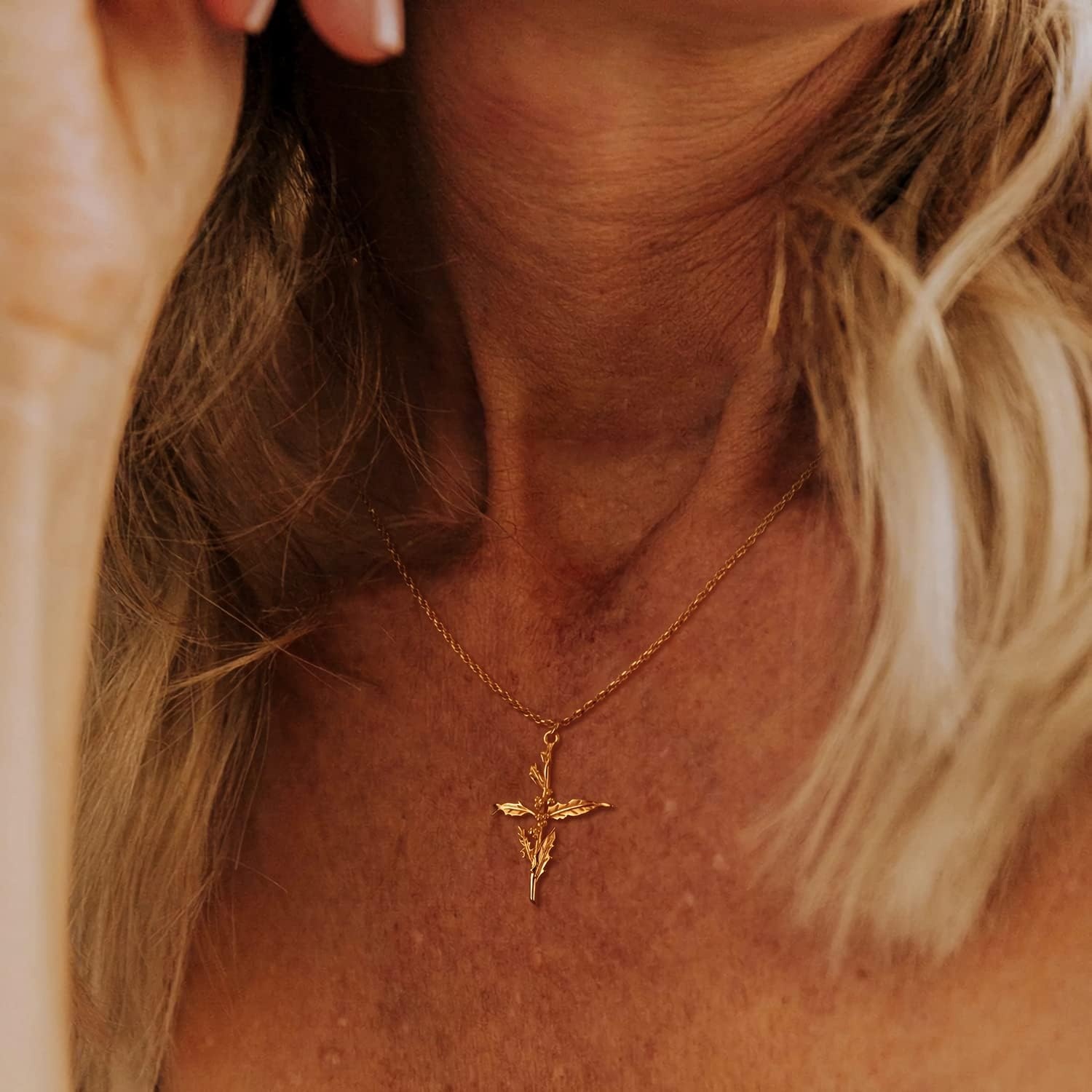 image:imageMEVECCO Gold Birth Flower Cross Necklace for Women 12 Month Faith Pendent 18K Gold Plated 2MM Twist Rope Chain Personalized Religious Birthday Jewelry for HerMarch