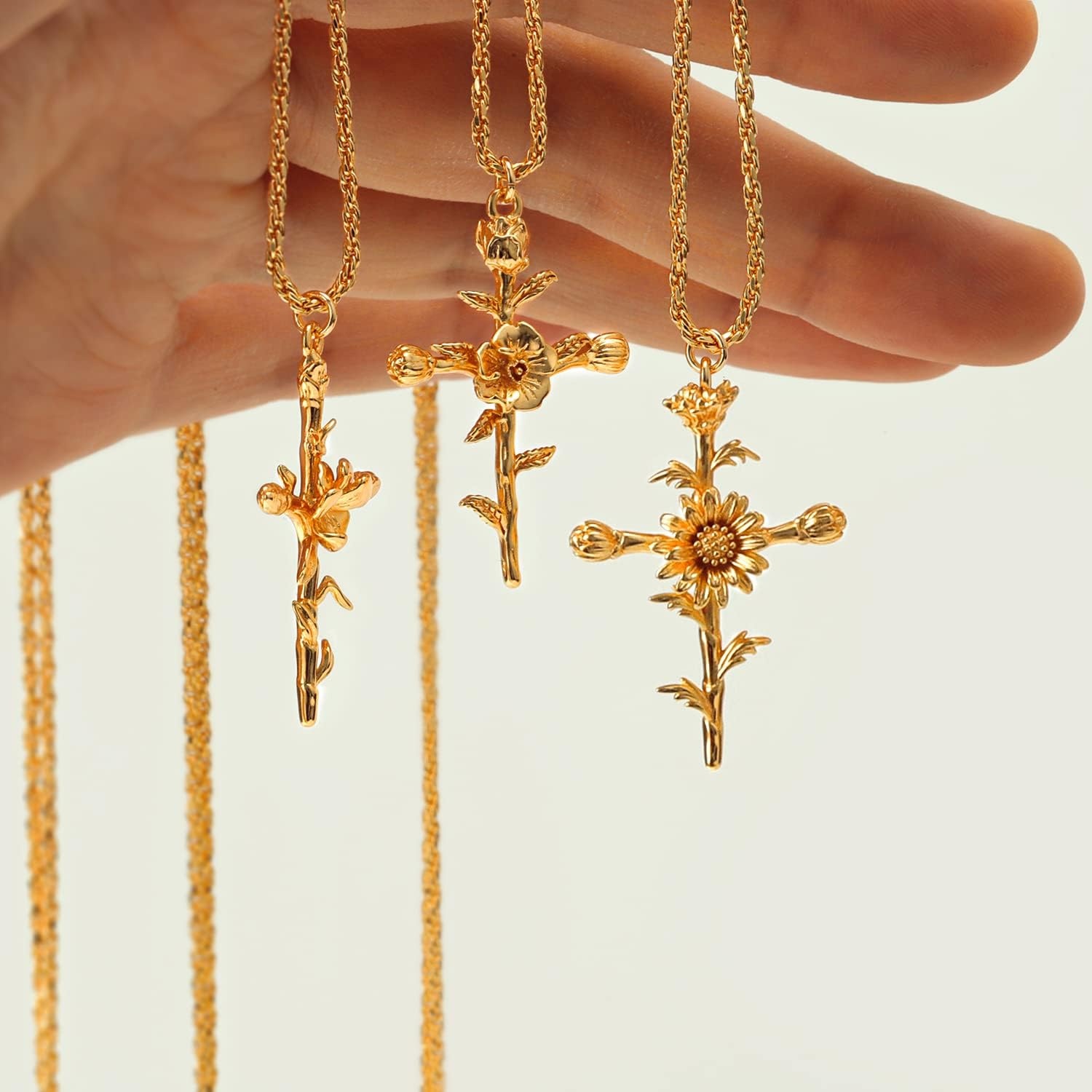 image:imageMEVECCO Gold Birth Flower Cross Necklace for Women 12 Month Faith Pendent 18K Gold Plated 2MM Twist Rope Chain Personalized Religious Birthday Jewelry for HerMarch