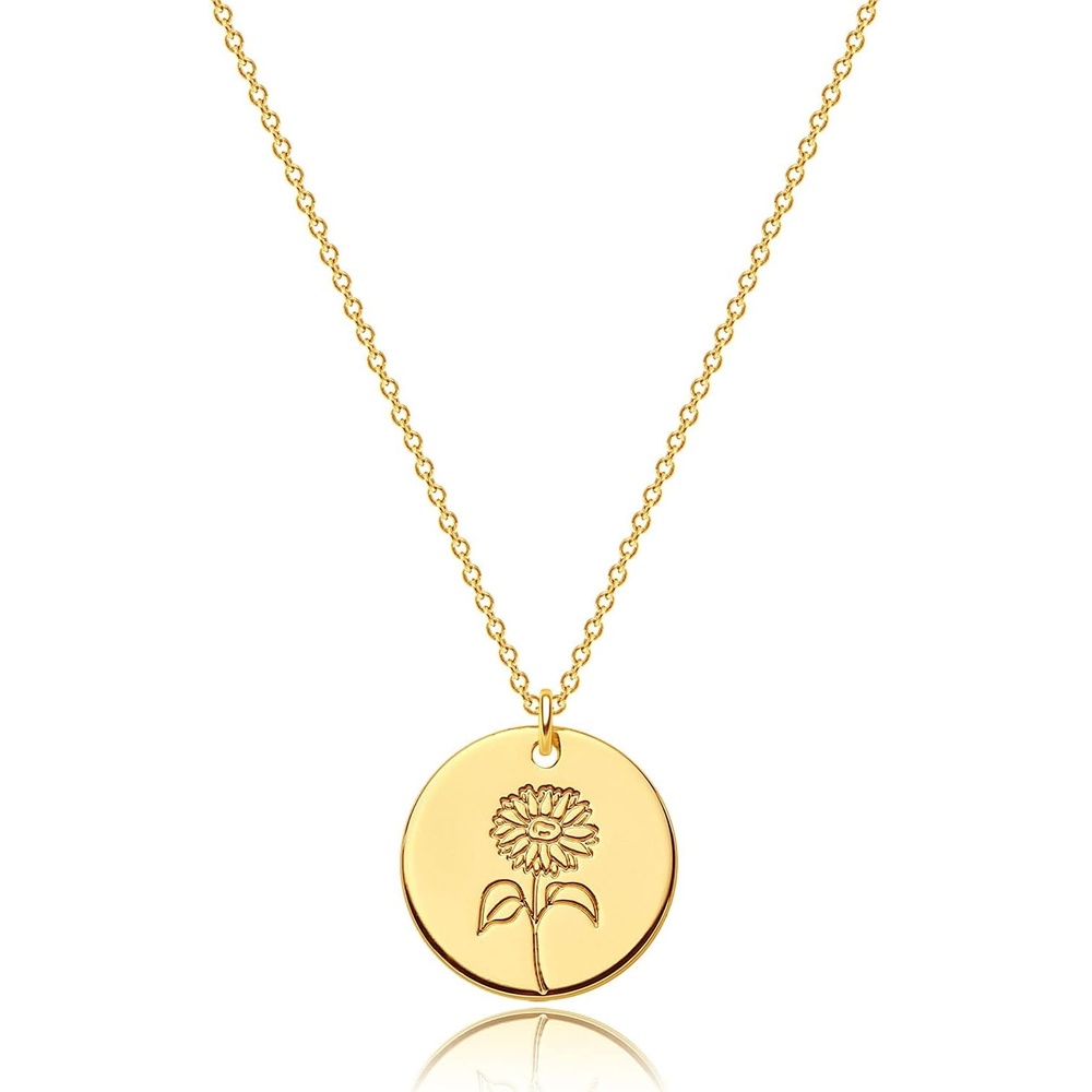 image:imageMEVECCO Birth Flower Necklace 18k Gold Custom Floral Pendant Necklaces Dainty Birth Month Flower Disc Hand Stamped Necklace Personalized Jewelry Birthday GiftA Sunflower